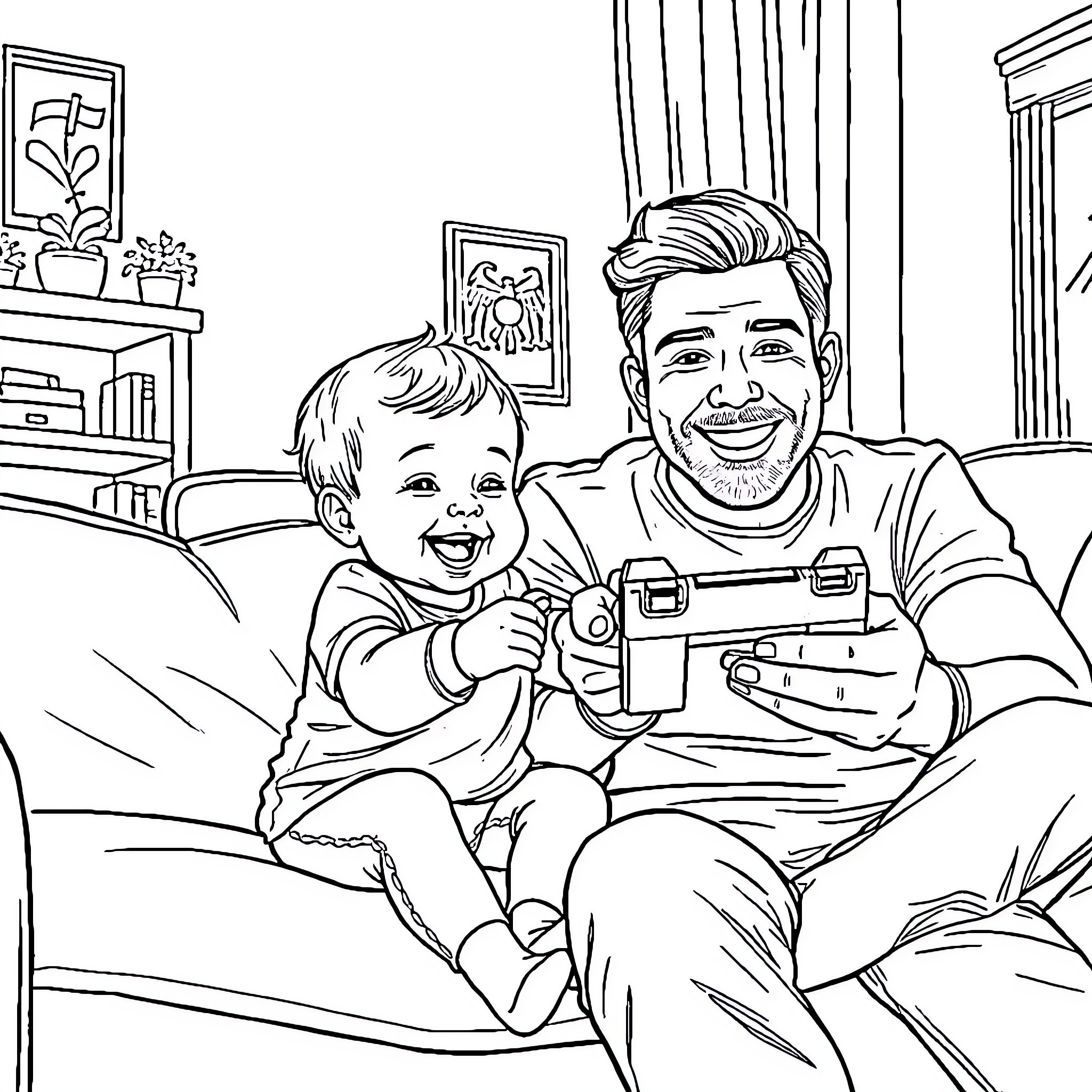Baby playing video games with father Coloring Page (free black-and-white line drawing printable PDF for all, from beginners to advanced learners, including children, teens, adults, and seniors)