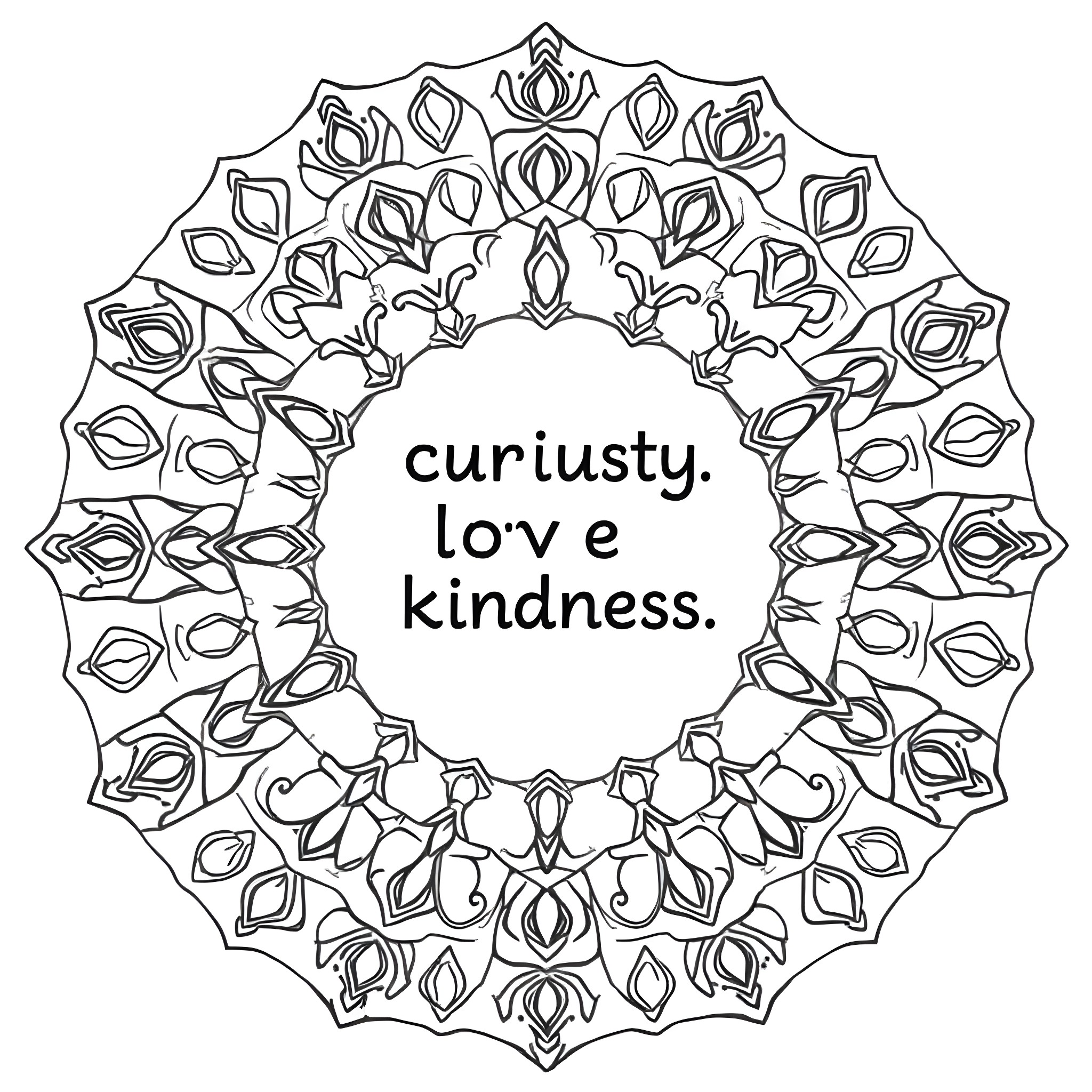 Mandala of Curiosity, Love, and Kindness Coloring Page (free black-and-white line drawing printable PDF for all, from beginners to advanced learners, including children, teens, adults, and seniors)
