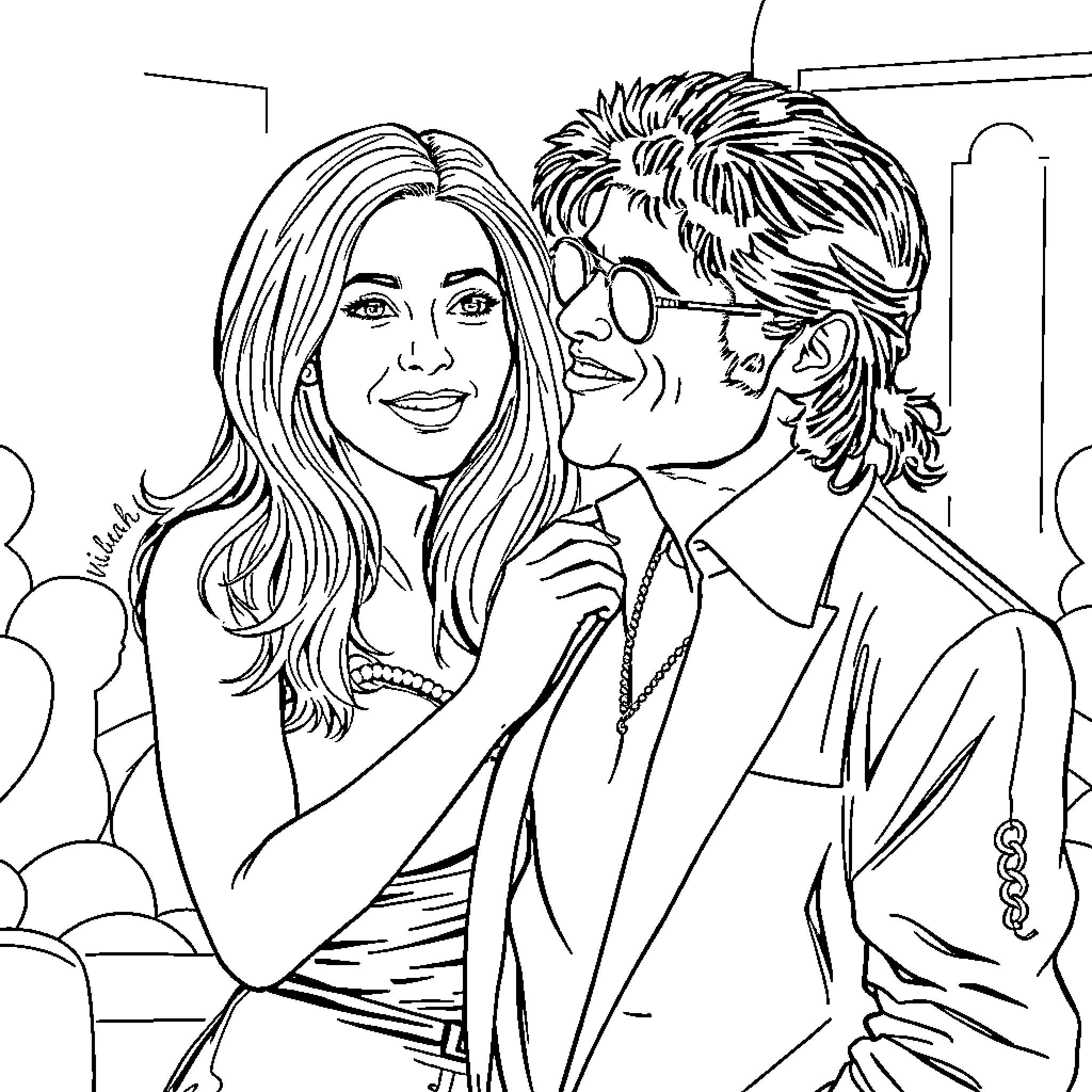Jennifer Aniston and Brad Pitt embrace affectionately Coloring Page (free black-and-white line drawing printable PDF for all, from beginners to advanced learners, including children, teens, adults, and seniors)