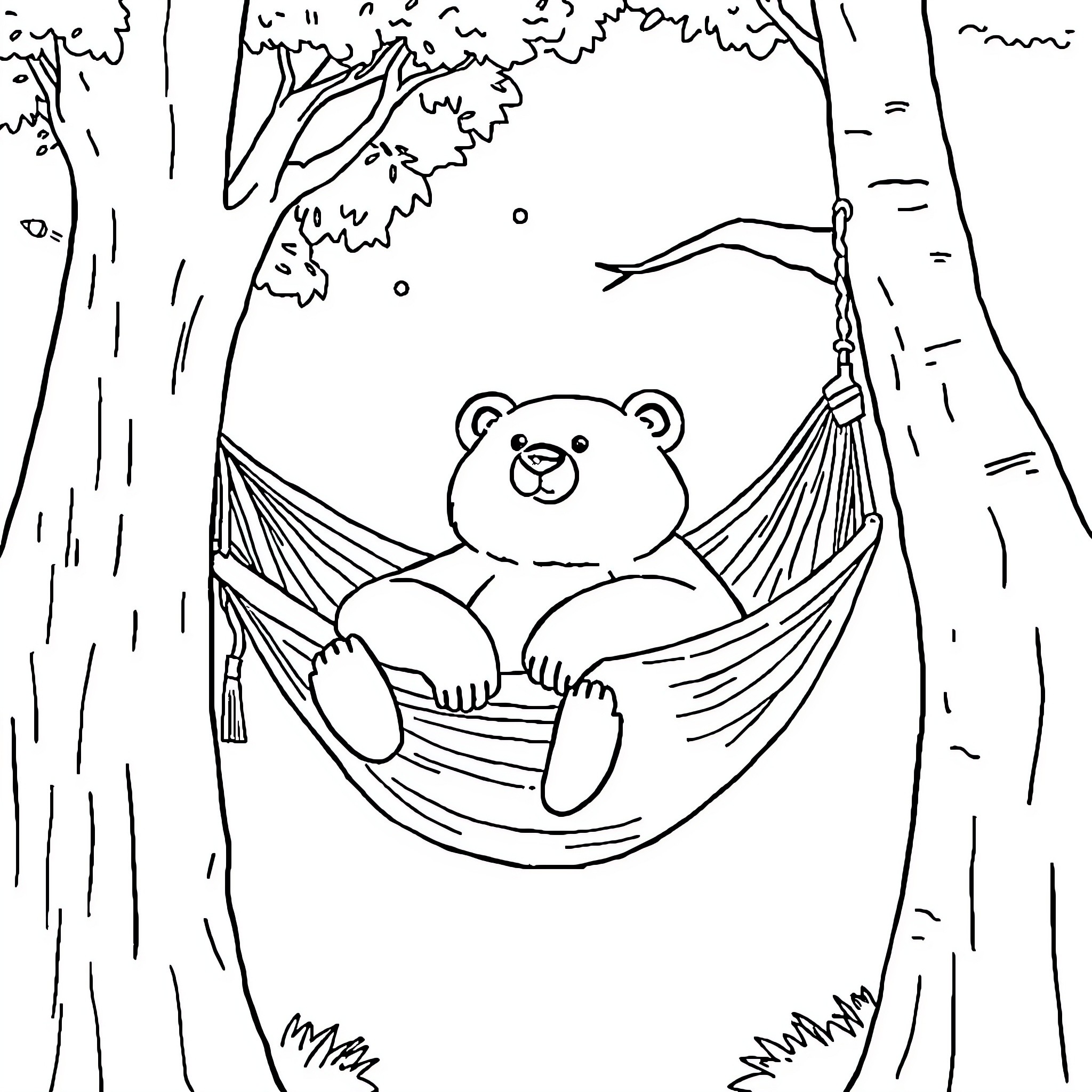 Bear relaxing in a hammock in the woods Coloring Page (free black-and-white line drawing printable PDF for all, from beginners to advanced learners, including children, teens, adults, and seniors)