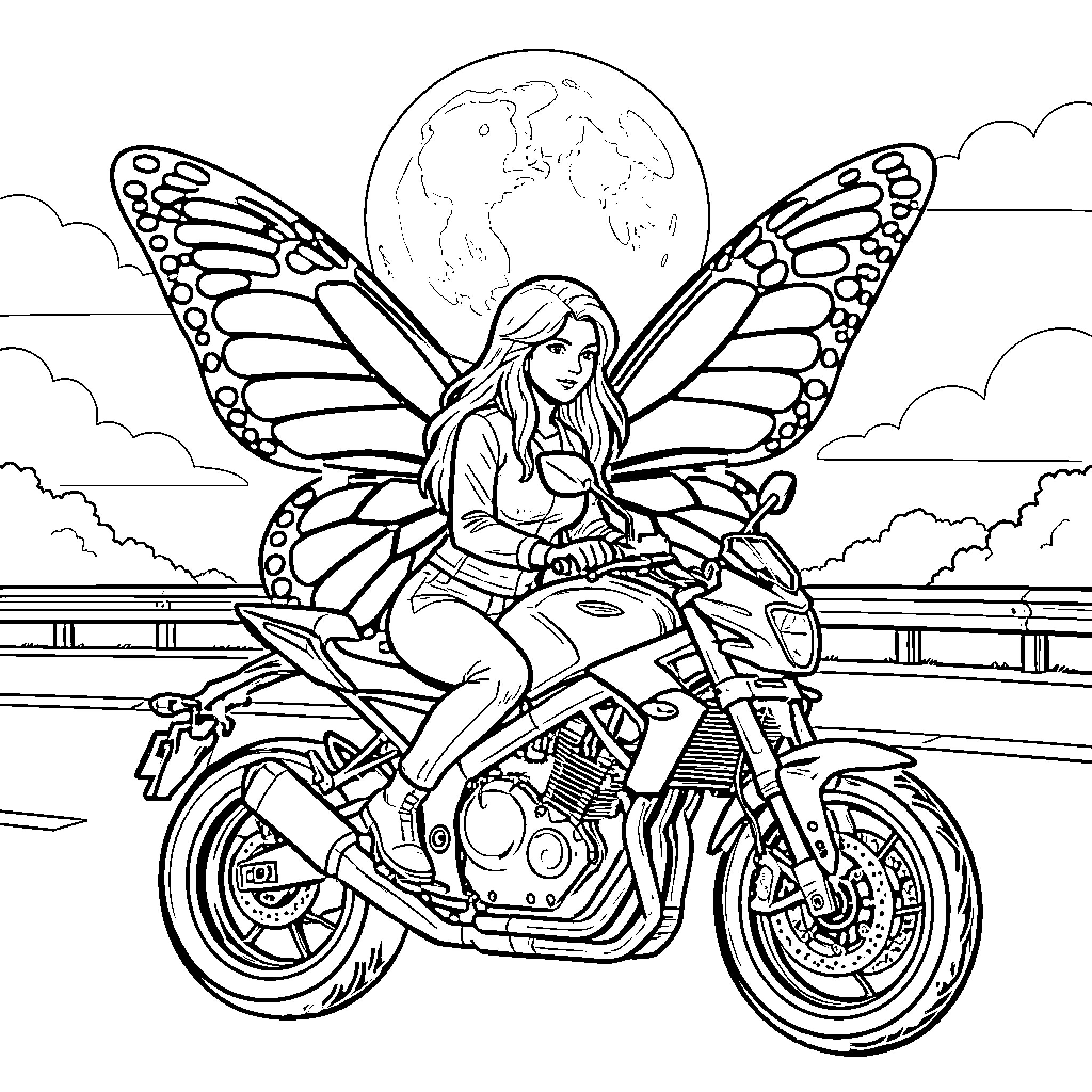Mujer voladora en motocicleta Coloring Page (free black-and-white line drawing printable PDF for all, from beginners to advanced learners, including children, teens, adults, and seniors)
