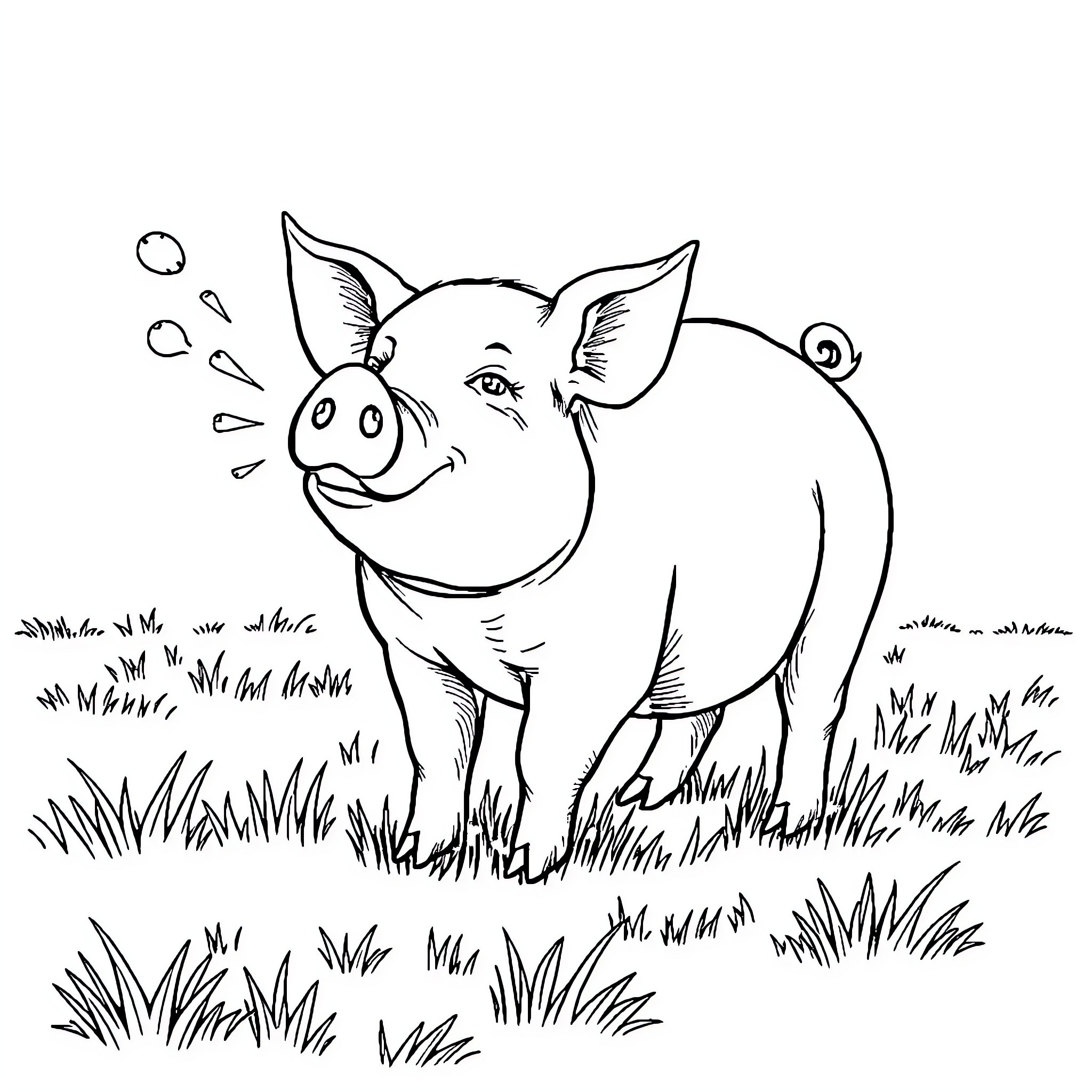 Pig snorting joyfully in the grass Coloring Page (free black-and-white line drawing printable PDF for all, from beginners to advanced learners, including children, teens, adults, and seniors)