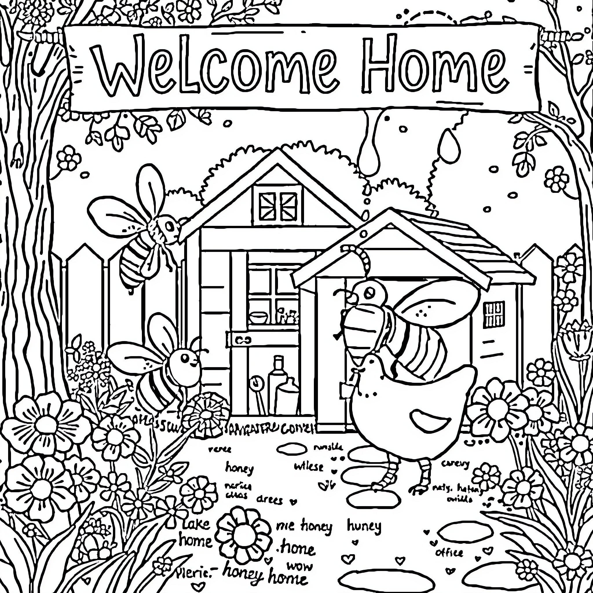Bee Welcoming Visitors to a Floral Cottage Home Coloring Page (free black-and-white line drawing printable PDF for all, from beginners to advanced learners, including children, teens, adults, and seniors)