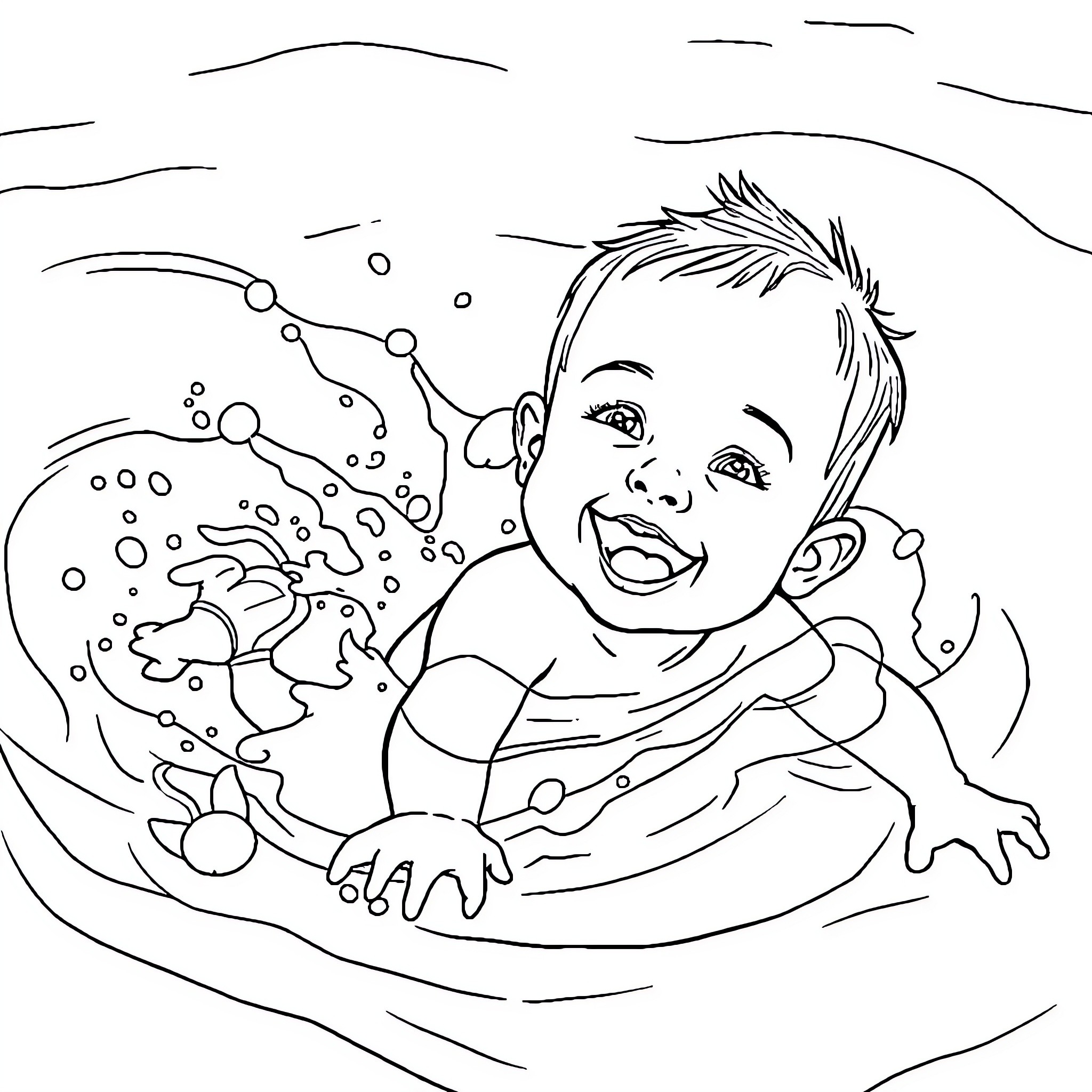 Toddler playing happily in the water Coloring Page (free black-and-white line drawing printable PDF for all, from beginners to advanced learners, including children, teens, adults, and seniors)