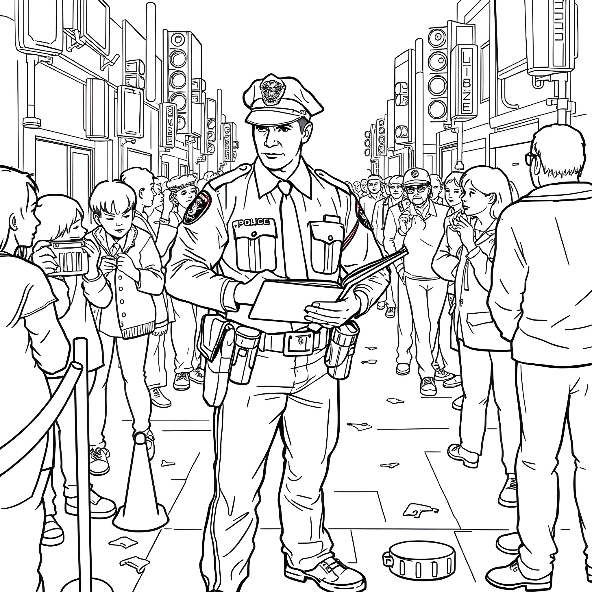 Police Officer Directing Traffic in a Crowded City Street Coloring Page (free black-and-white line drawing printable PDF for all, from beginners to advanced learners, including children, teens, adults, and seniors)