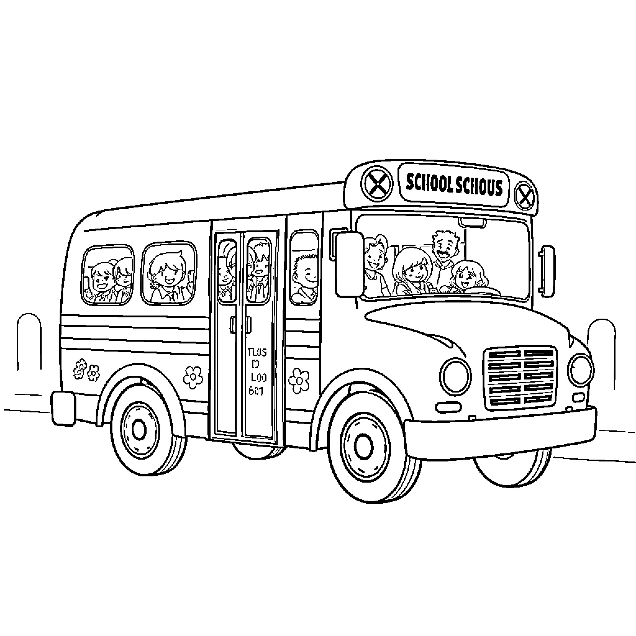 Schoolbus carrying cheerful students to school Coloring Page (free black-and-white line drawing printable PDF for all, from beginners to advanced learners, including children, teens, adults, and seniors)