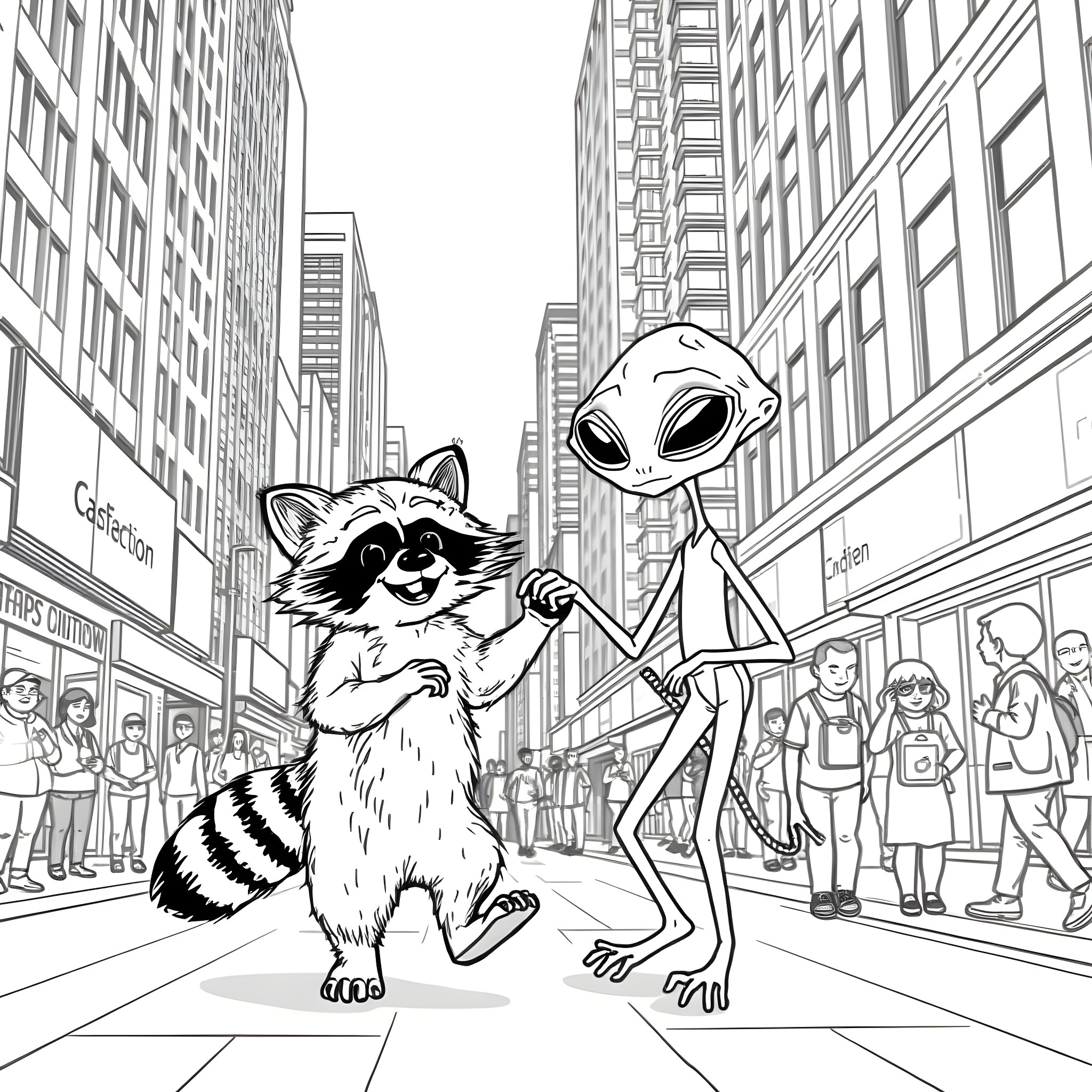 Raccoon and Alien Exploring the City Coloring Page (free black-and-white line drawing printable PDF for all, from beginners to advanced learners, including children, teens, adults, and seniors)