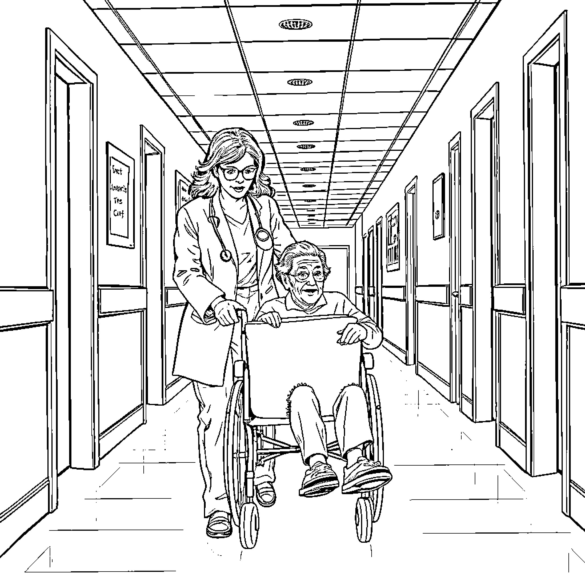 Tina Fey assisting elderly person in hospital corridor Coloring Page (free black-and-white line drawing printable PDF for all, from beginners to advanced learners, including children, teens, adults, and seniors)