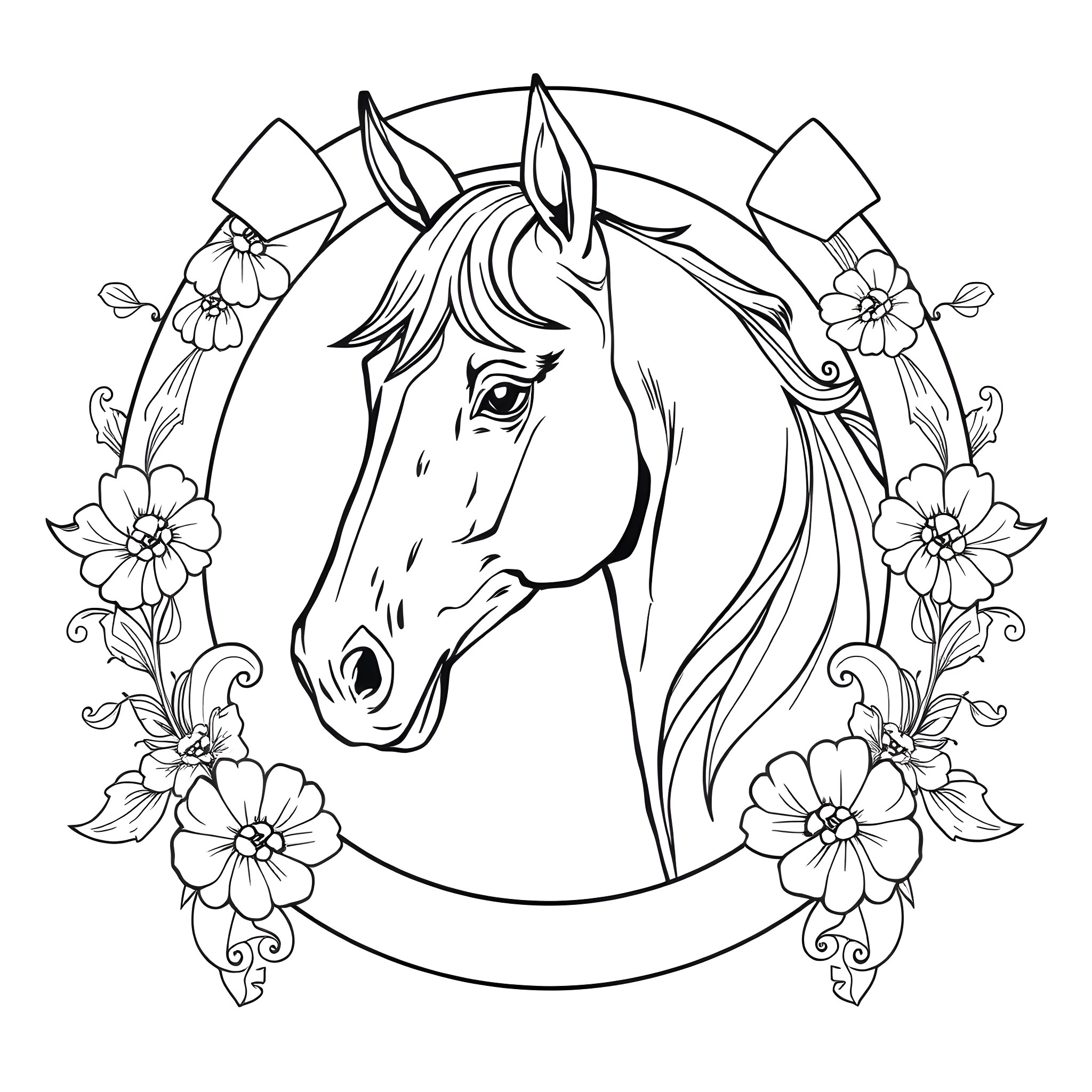 Thoroughbred Horse in Floral Frame Coloring Page (free black-and-white line drawing printable PDF for all, from beginners to advanced learners, including children, teens, adults, and seniors)