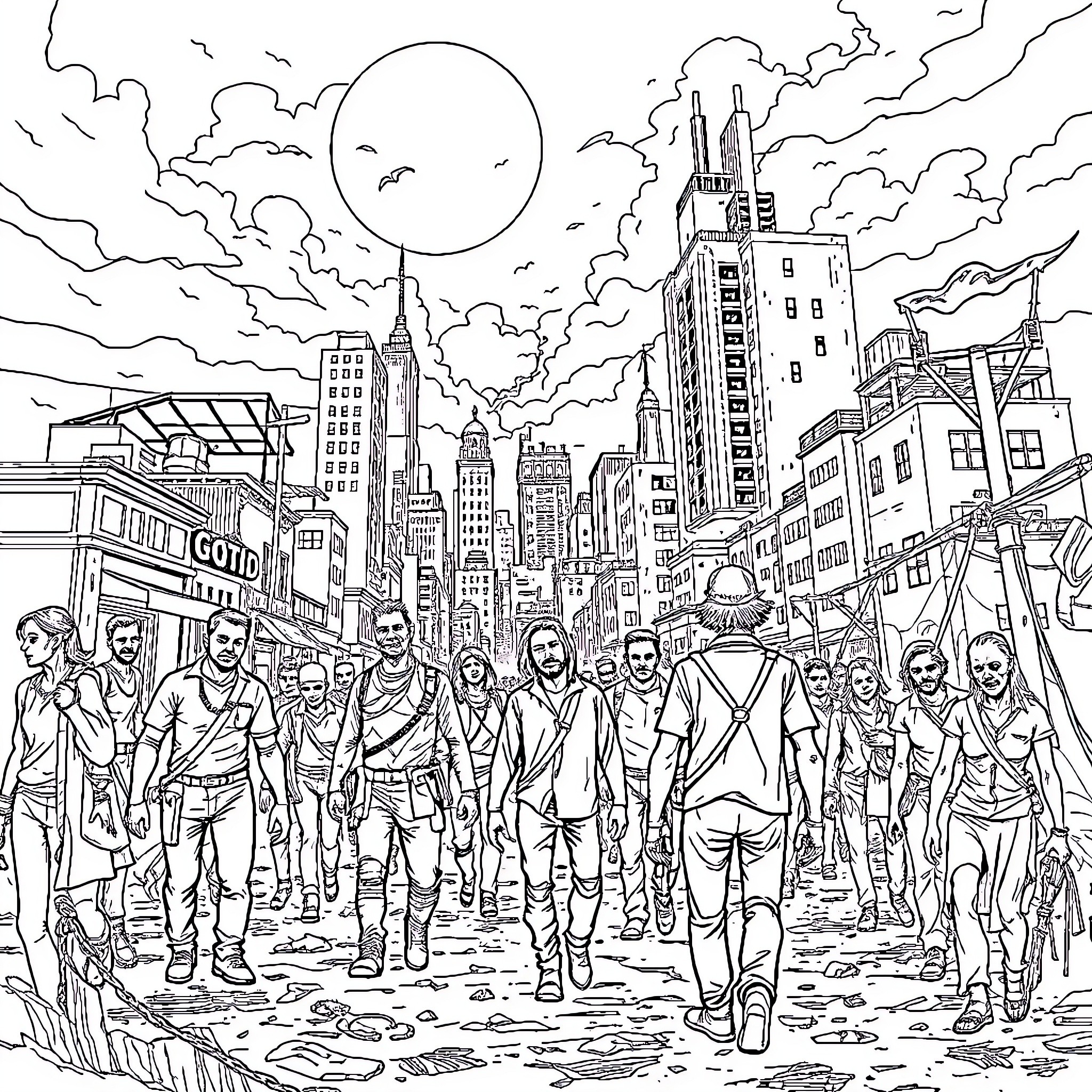 Zombie horde roaming the desolate city streets Coloring Page (free black-and-white line drawing printable PDF for all, from beginners to advanced learners, including children, teens, adults, and seniors)