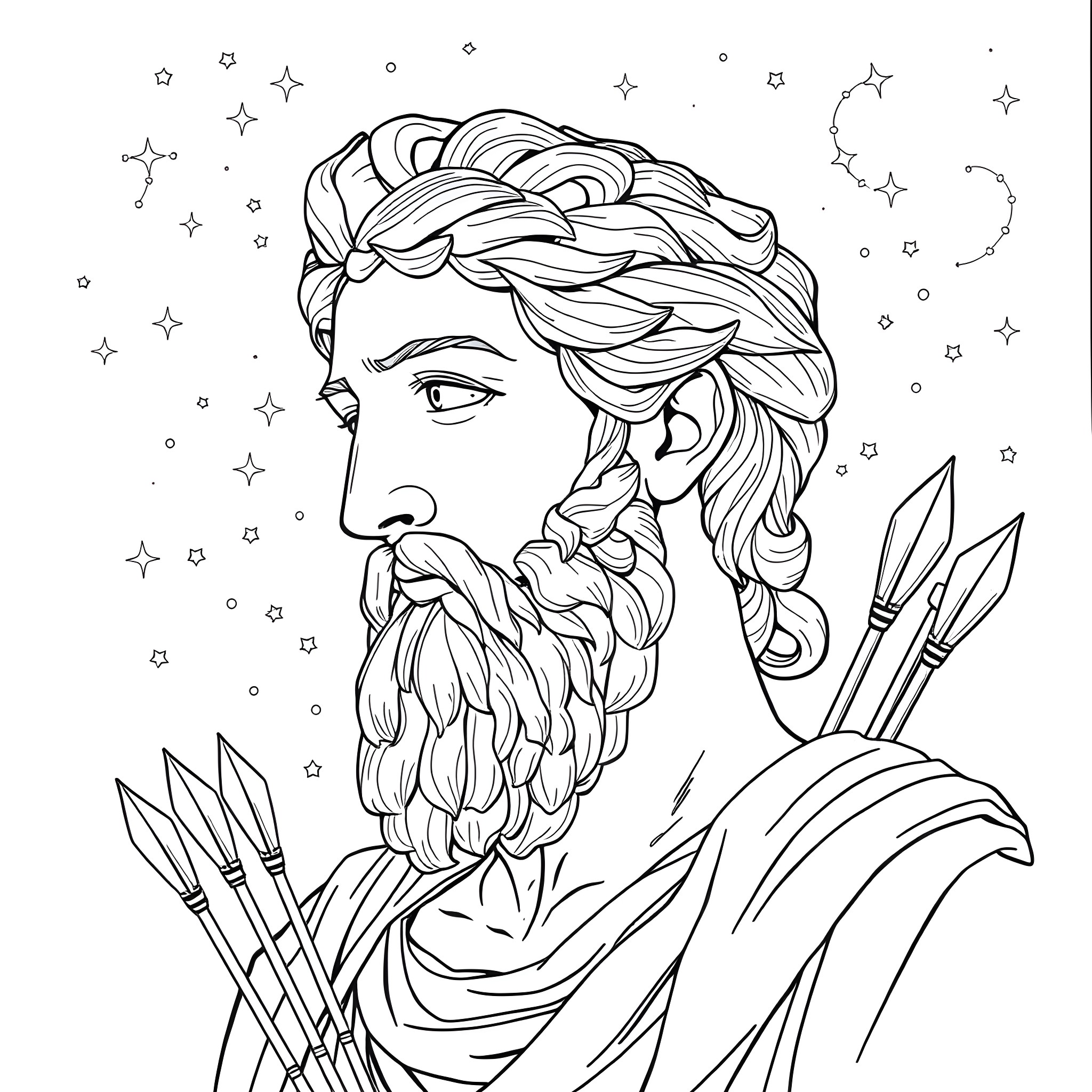Archer in Heroic Pose with Bow and Arrows Coloring Page (free black-and-white line drawing printable PDF for all, from beginners to advanced learners, including children, teens, adults, and seniors)