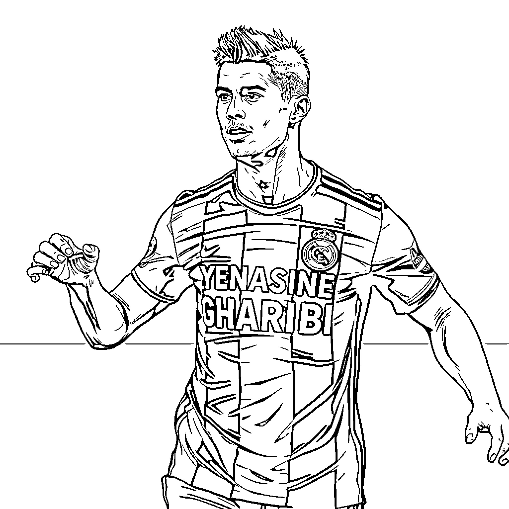 Cristiano Ronaldo portrayed in action figure form Coloring Page (free black-and-white line drawing printable PDF for all, from beginners to advanced learners, including children, teens, adults, and seniors)