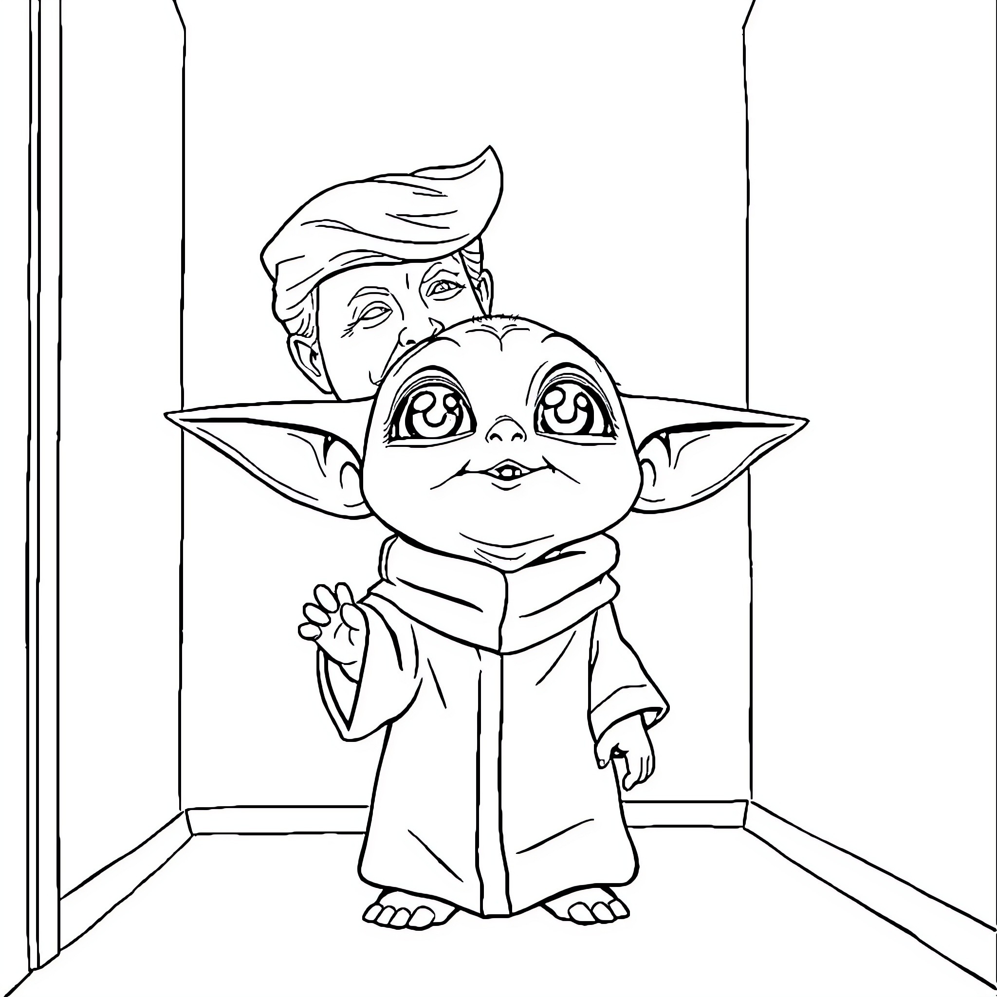 Baby Yoda smiling and waving happily Coloring Page (free black-and-white line drawing printable PDF for all, from beginners to advanced learners, including children, teens, adults, and seniors)
