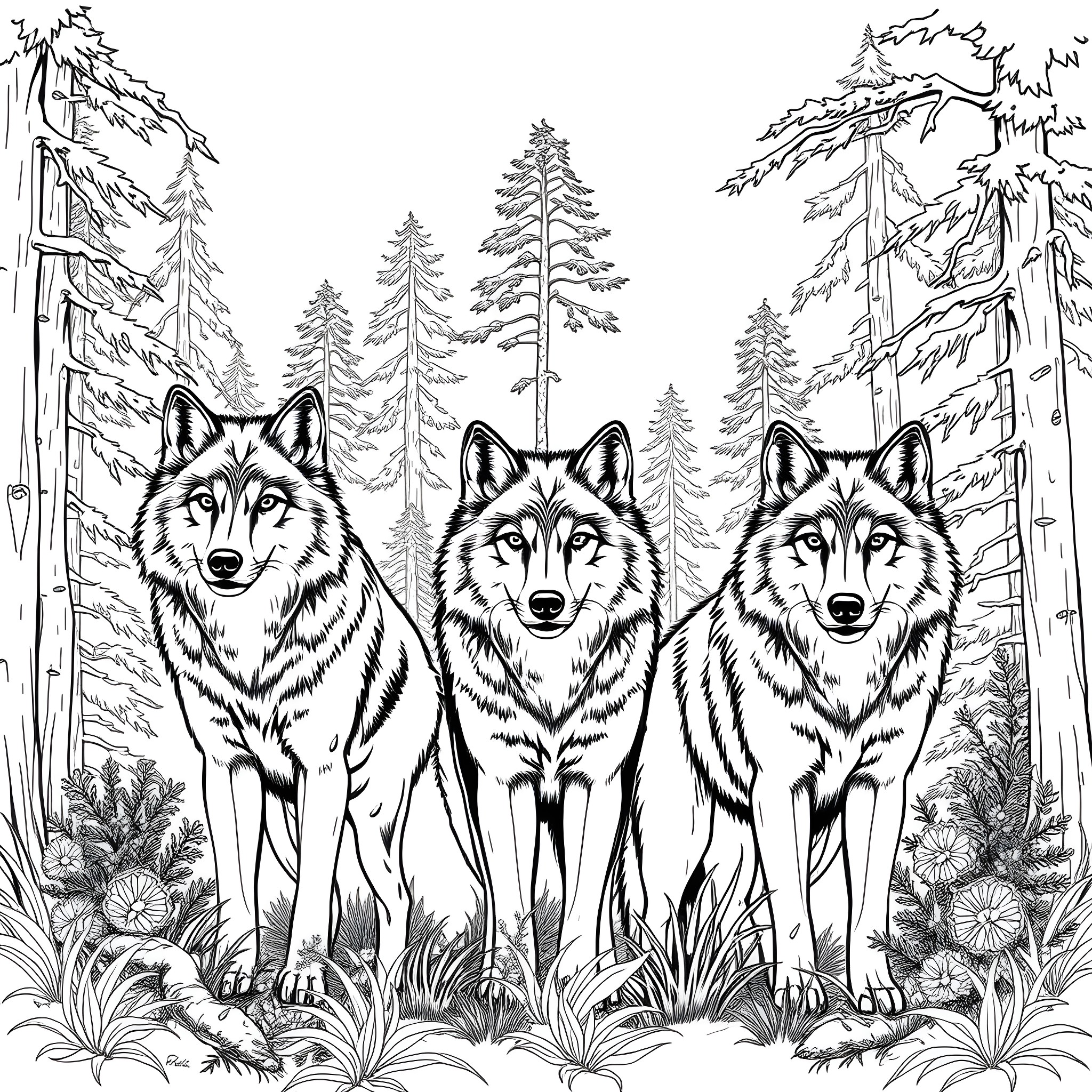 Wolf Pack in Wilderness Coloring Page (free black-and-white line drawing printable PDF for all, from beginners to advanced learners, including children, teens, adults, and seniors)