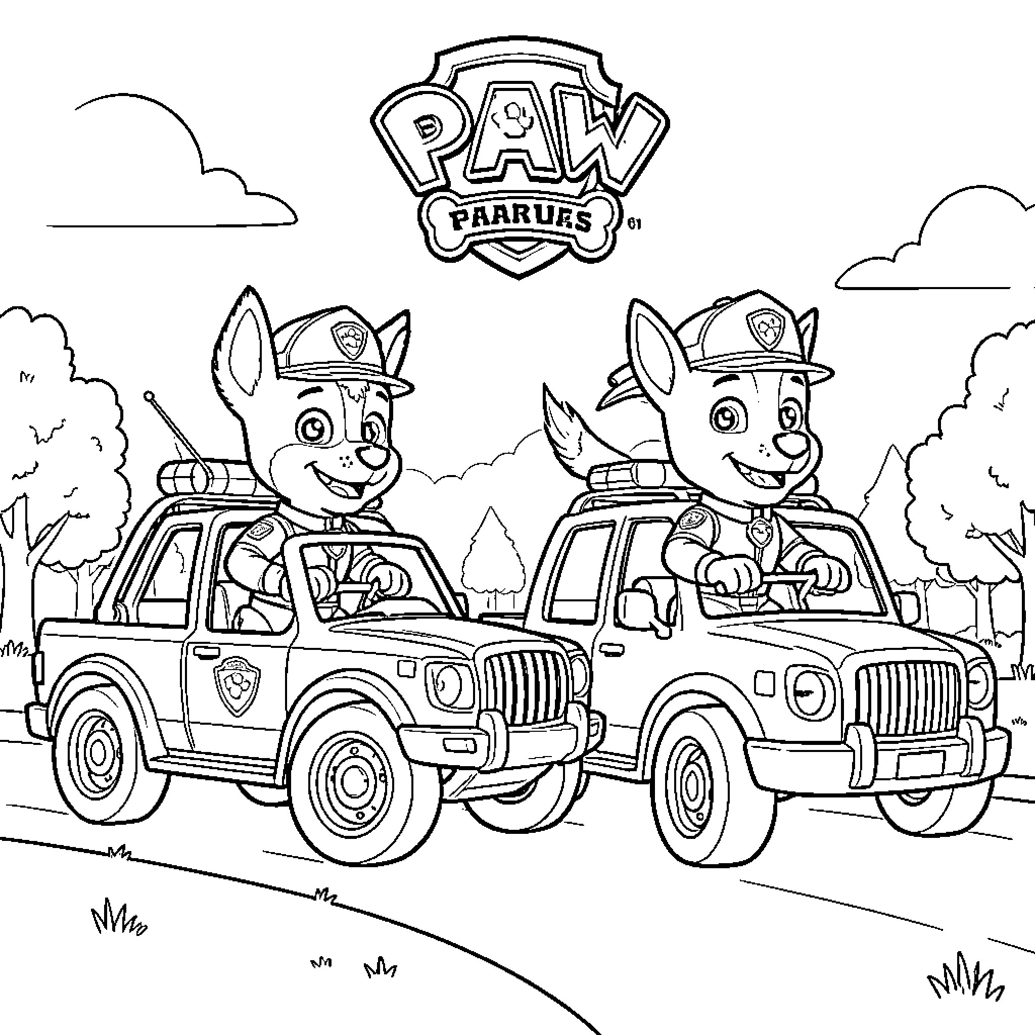 Paw Patrol pups driving vehicles happily through a park Coloring Page (free black-and-white line drawing printable PDF for all, from beginners to advanced learners, including children, teens, adults, and seniors)