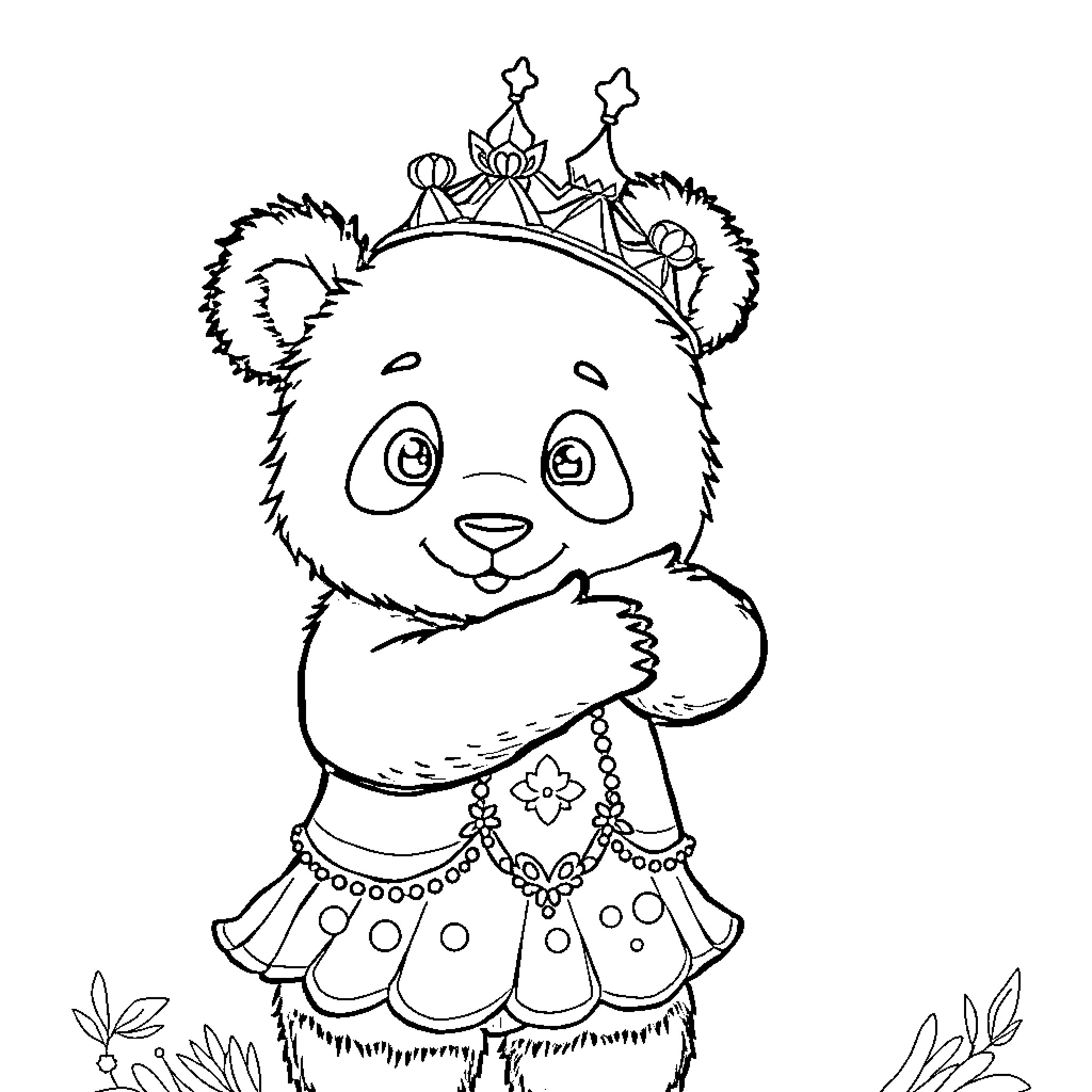 Panda wearing a crown and fancy dress Coloring Page (free black-and-white line drawing printable PDF for all, from beginners to advanced learners, including children, teens, adults, and seniors)