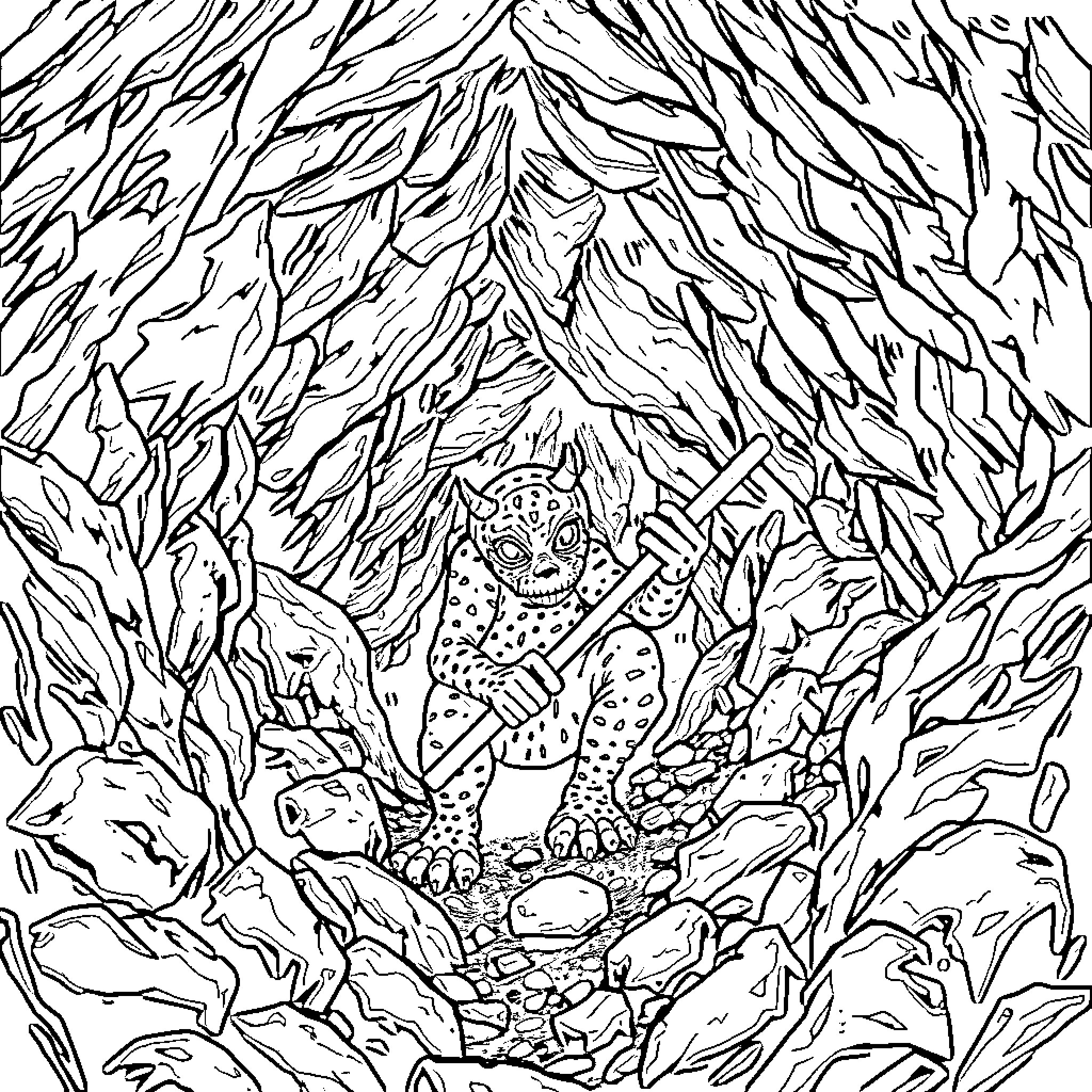 Hodari's Jungle Encounter Coloring Page (free black-and-white line drawing printable PDF for all, from beginners to advanced learners, including children, teens, adults, and seniors)