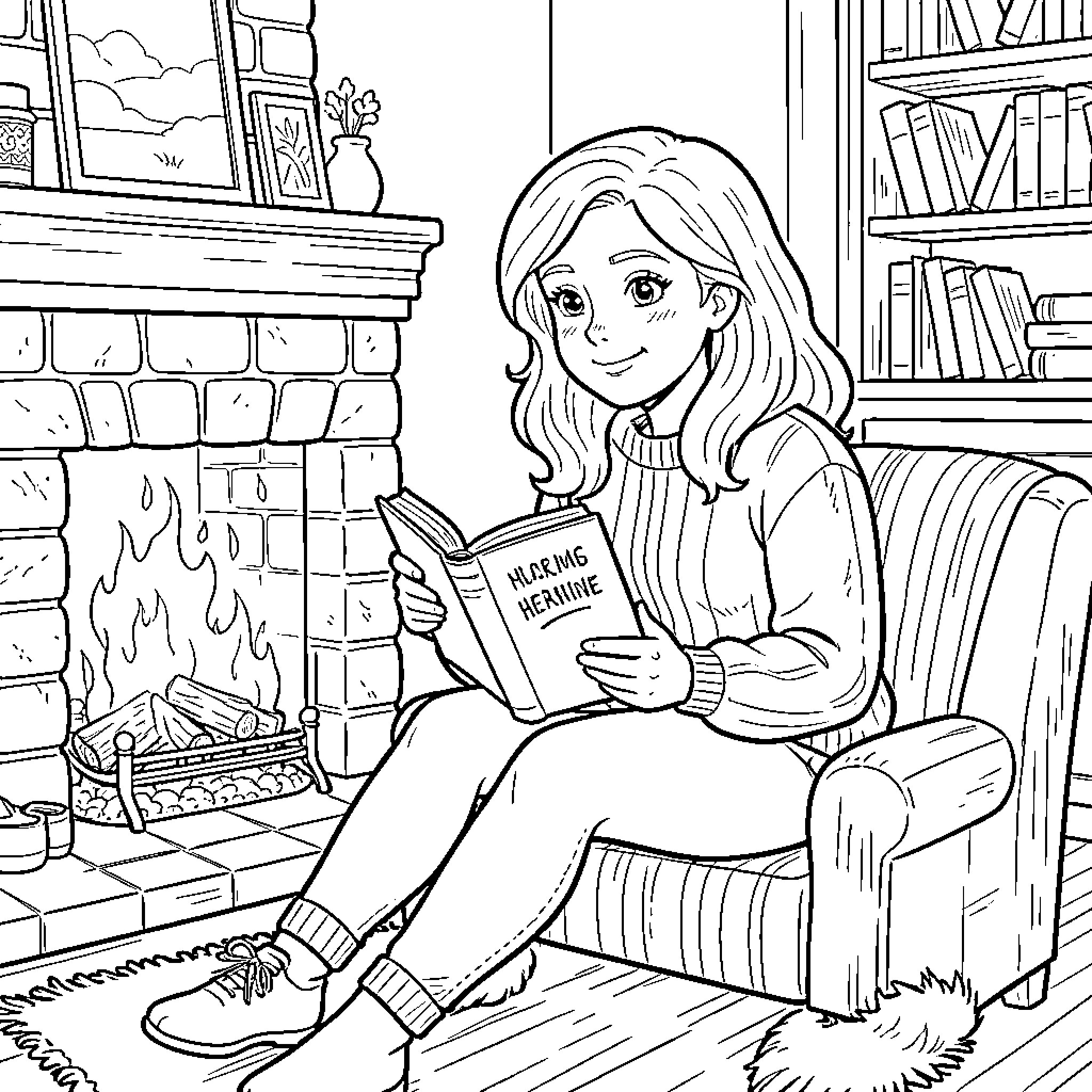 Hermine enjoying a cozy reading session by the fireplace Coloring Page (free black-and-white line drawing printable PDF for all, from beginners to advanced learners, including children, teens, adults, and seniors)