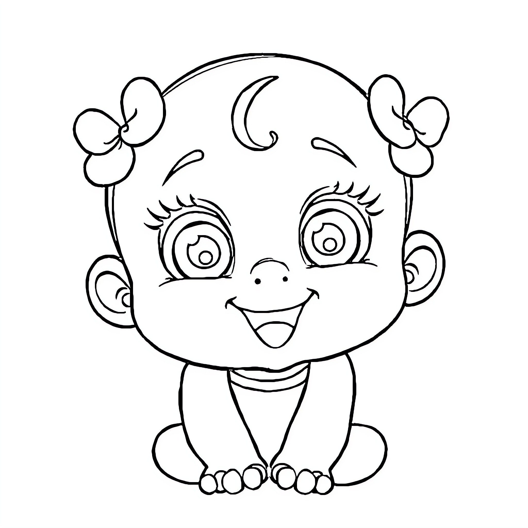 BabySaja happily playing with bows Coloring Page (free black-and-white line drawing printable PDF for all, from beginners to advanced learners, including children, teens, adults, and seniors)