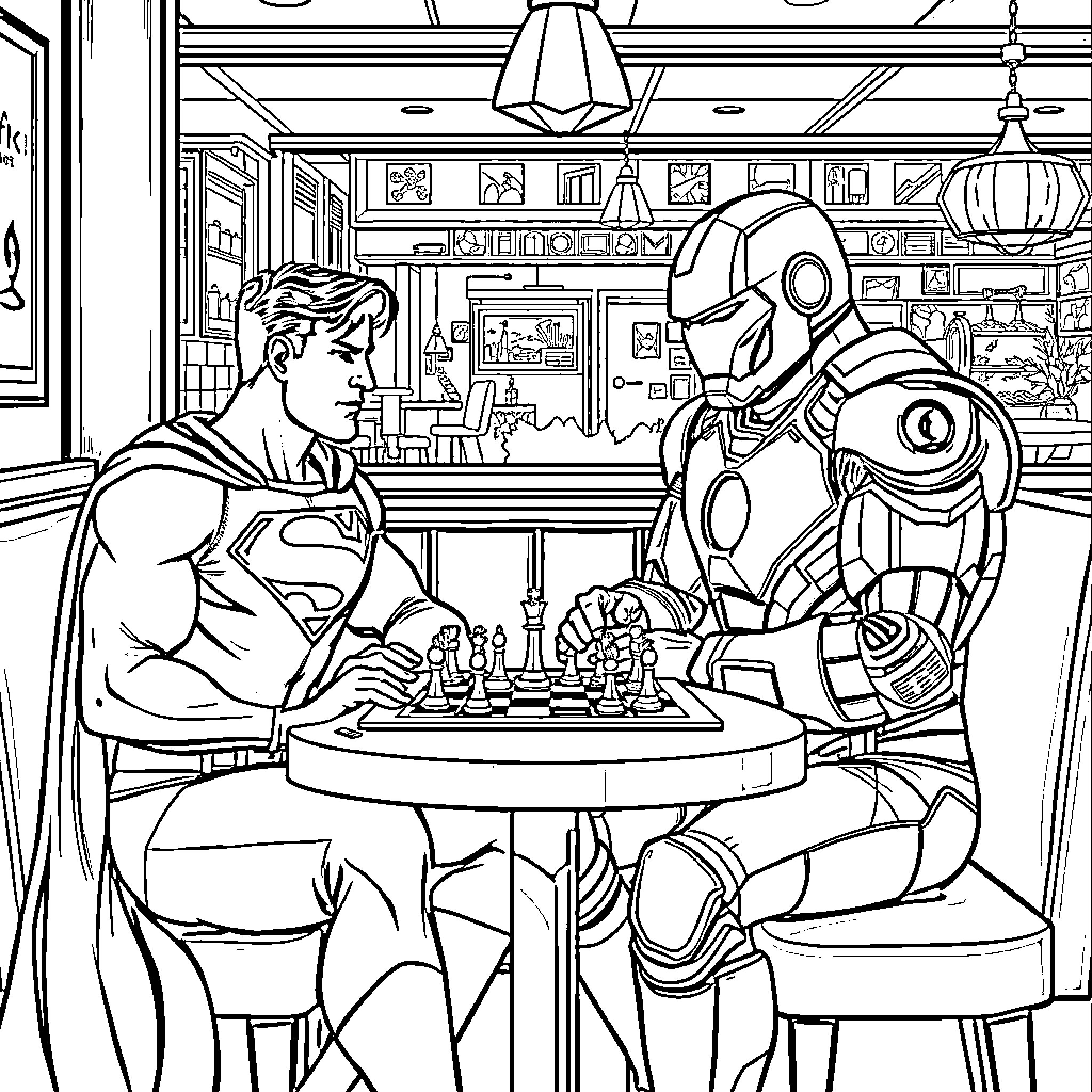 Superman and Iron Man playing chess in a cafe Coloring Page (free black-and-white line drawing printable PDF for all, from beginners to advanced learners, including children, teens, adults, and seniors)