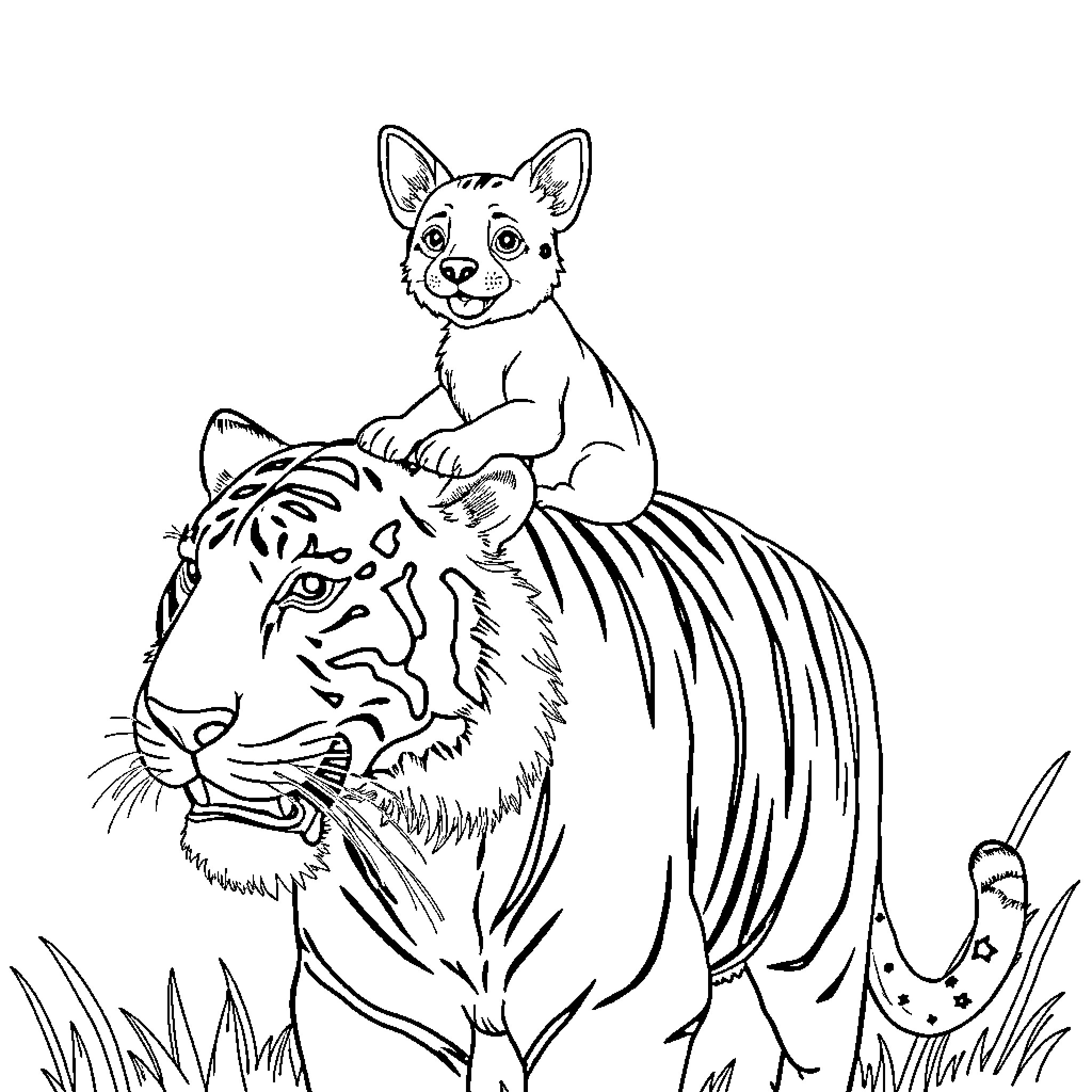 Dog riding on the back of a tiger Coloring Page (free black-and-white line drawing printable PDF for all, from beginners to advanced learners, including children, teens, adults, and seniors)