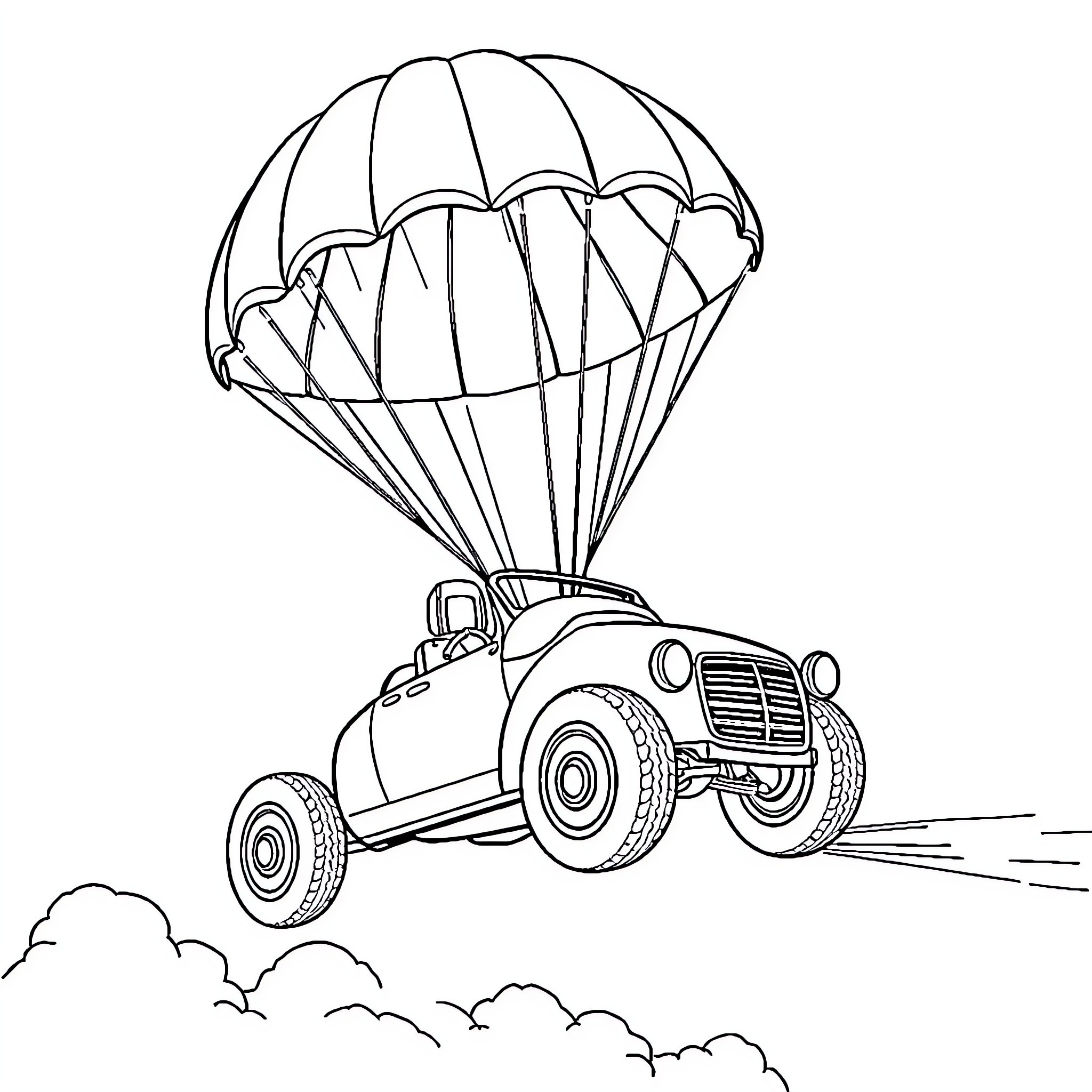 Flying Car with Parachute Gliding through the Clouds Coloring Page (free black-and-white line drawing printable PDF for all, from beginners to advanced learners, including children, teens, adults, and seniors)