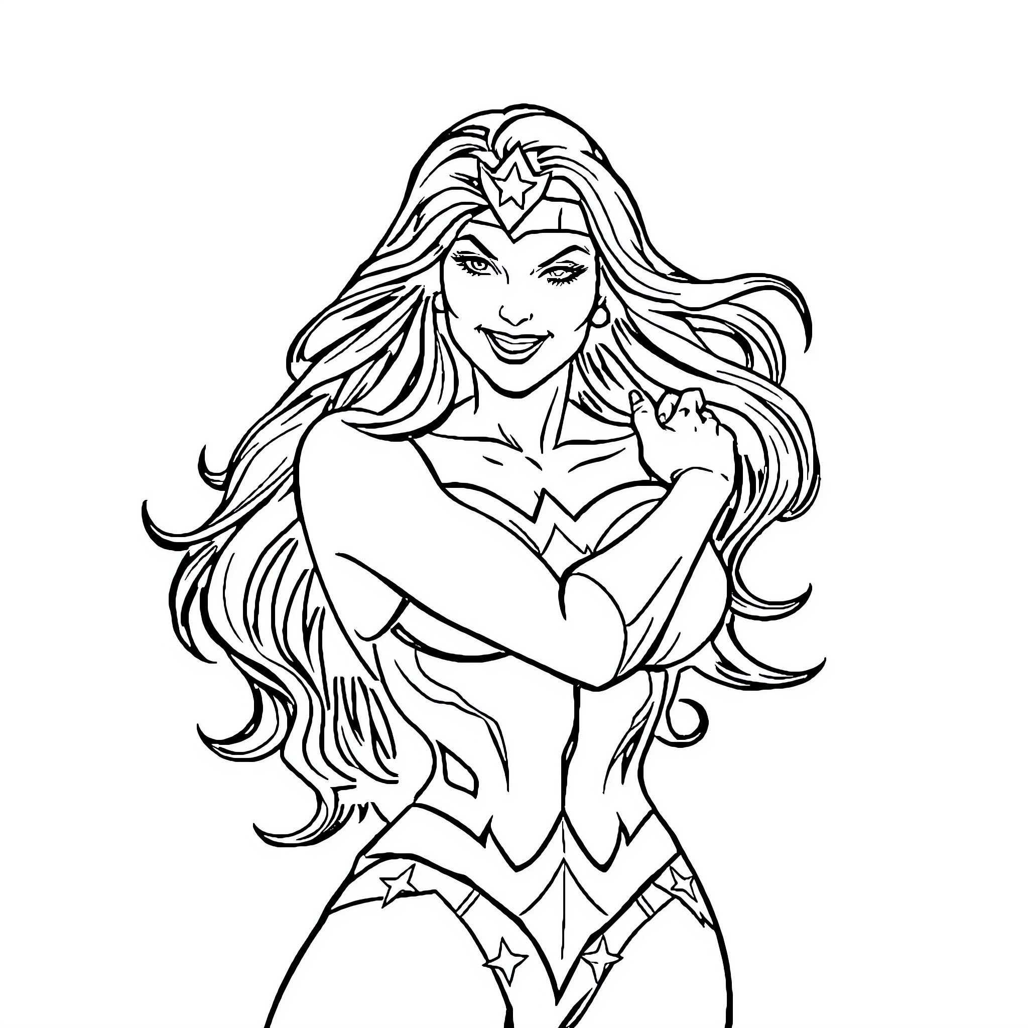 Wonder Woman in heroic stance with flowing hair Coloring Page (free black-and-white line drawing printable PDF for all, from beginners to advanced learners, including children, teens, adults, and seniors)