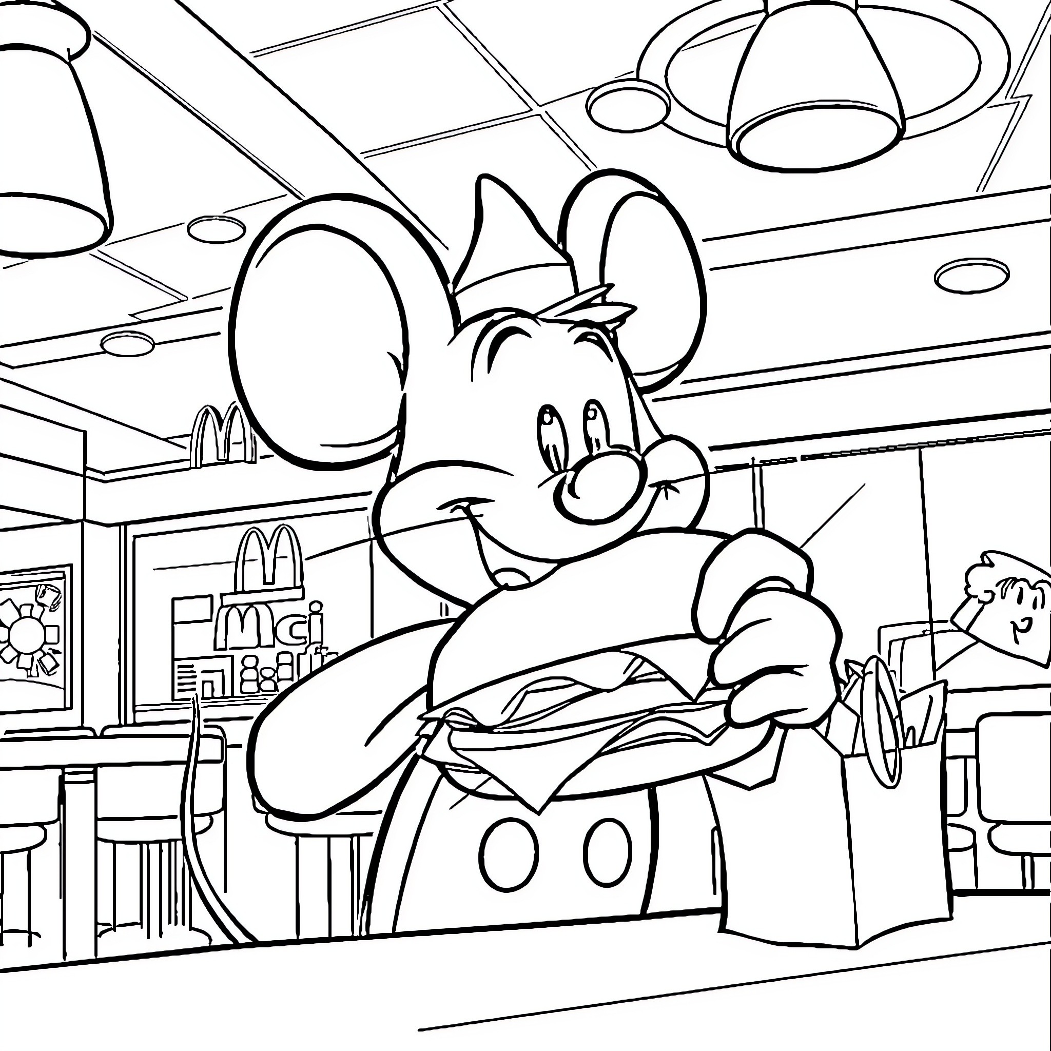 Chuck E. Cheese enjoying fast food at restaurant Coloring Page (free black-and-white line drawing printable PDF for all, from beginners to advanced learners, including children, teens, adults, and seniors)