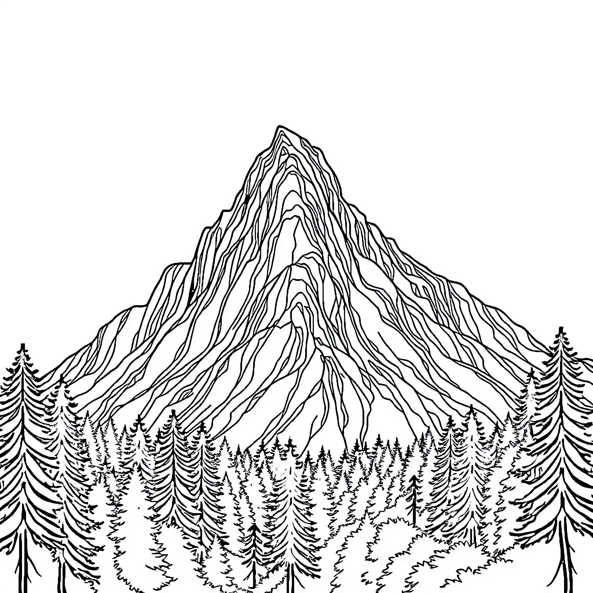 Mountain peak with pine trees in the foreground Coloring Page (free black-and-white line drawing printable PDF for all, from beginners to advanced learners, including children, teens, adults, and seniors)