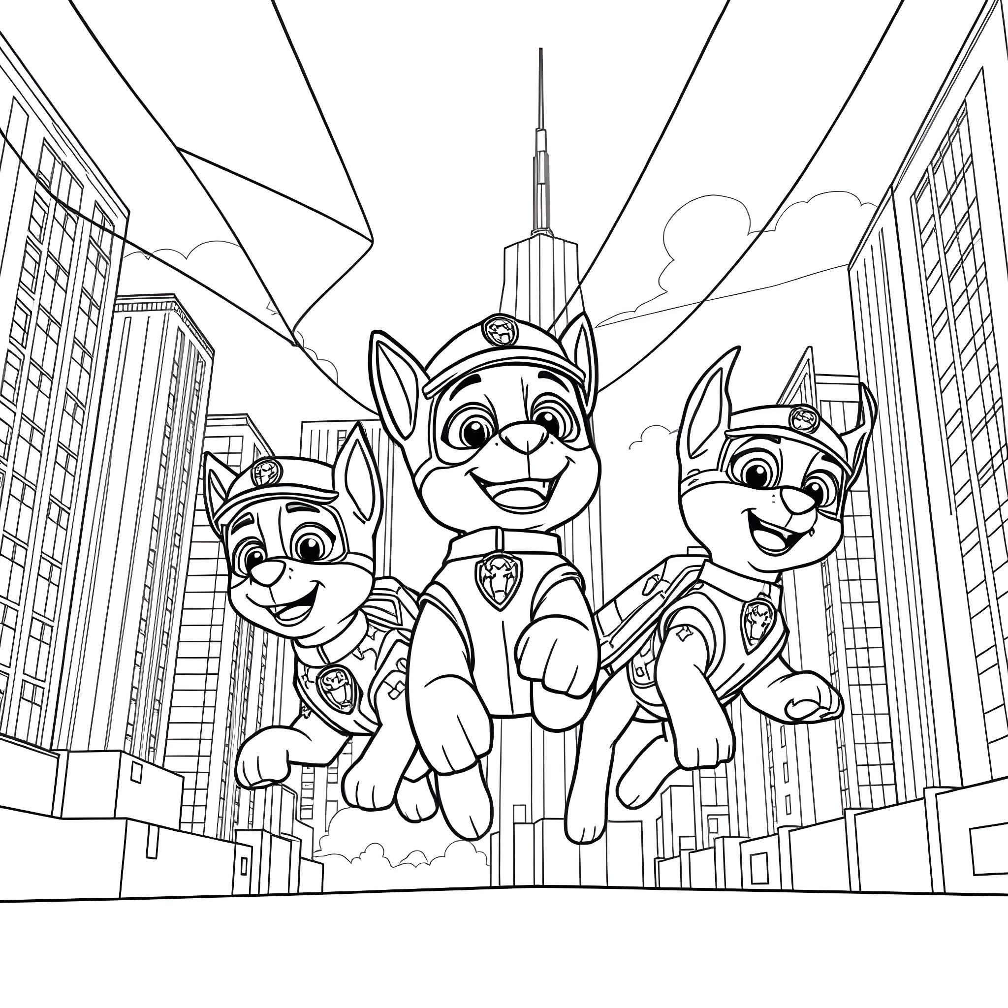 Paw Patrol Trio in City Skyscrapers Coloring Page (free black-and-white line drawing printable PDF for all, from beginners to advanced learners, including children, teens, adults, and seniors)