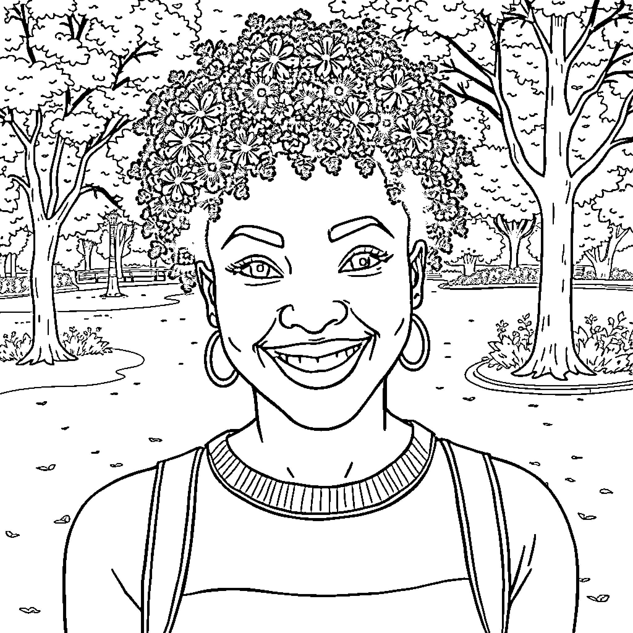 Woman enjoying a serene park scene Coloring Page (free black-and-white line drawing printable PDF for all, from beginners to advanced learners, including children, teens, adults, and seniors)