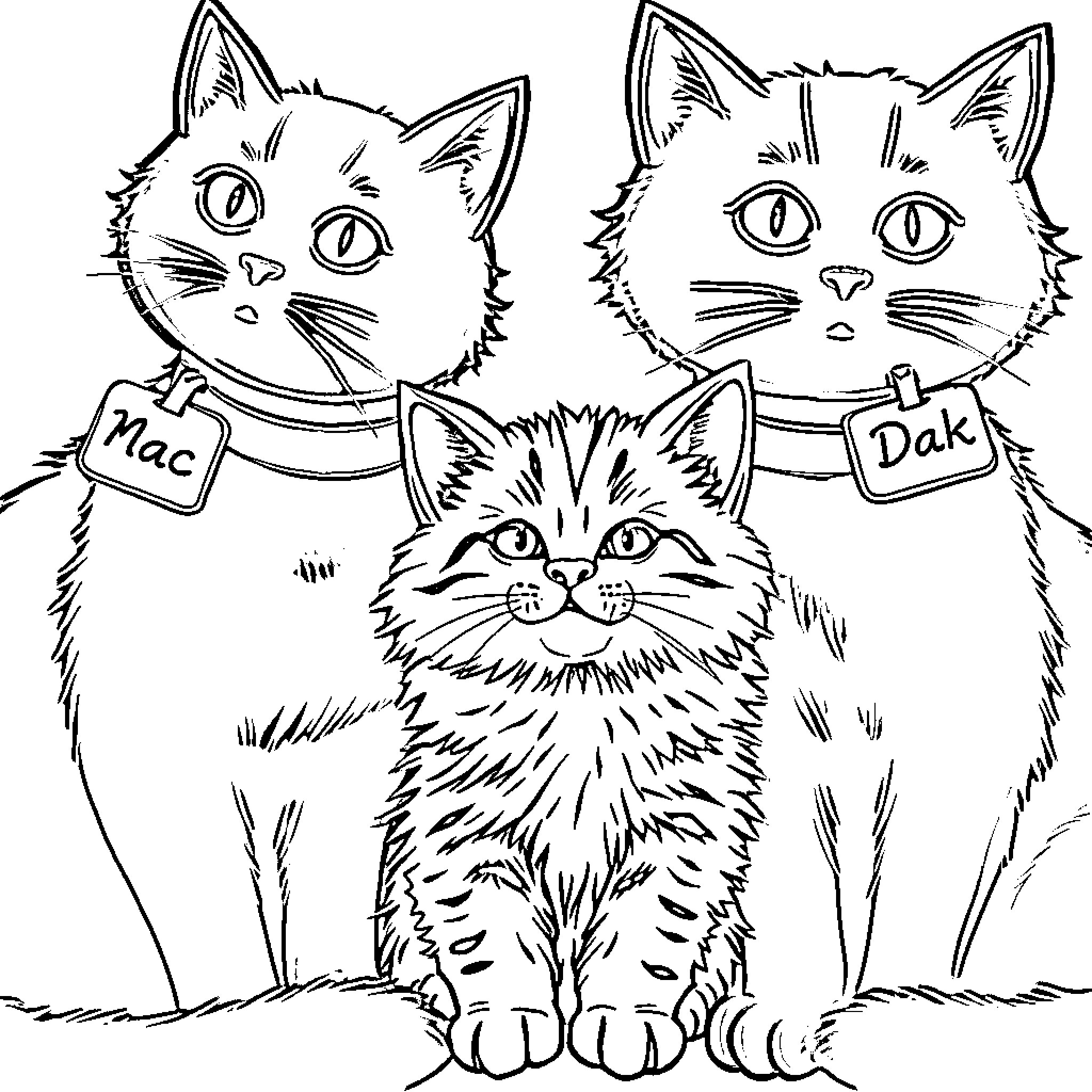 Cats with Collars Featuring Names Coloring Page (free black-and-white line drawing printable PDF for all, from beginners to advanced learners, including children, teens, adults, and seniors)