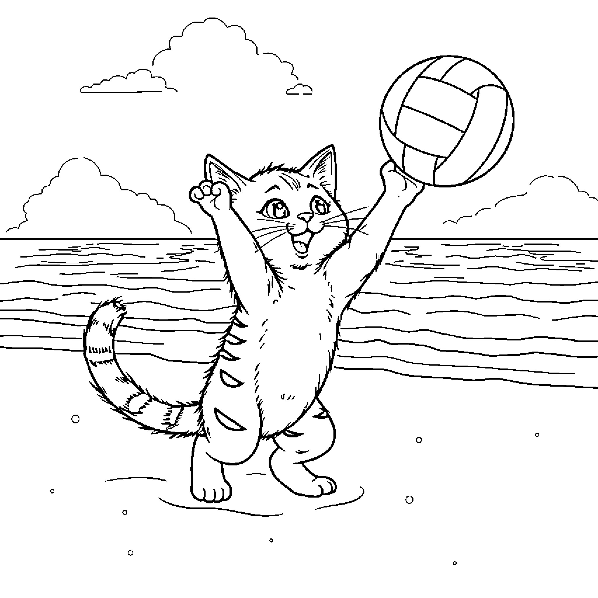 Kitty playing volleyball by the beach Coloring Page (free black-and-white line drawing printable PDF for all, from beginners to advanced learners, including children, teens, adults, and seniors)
