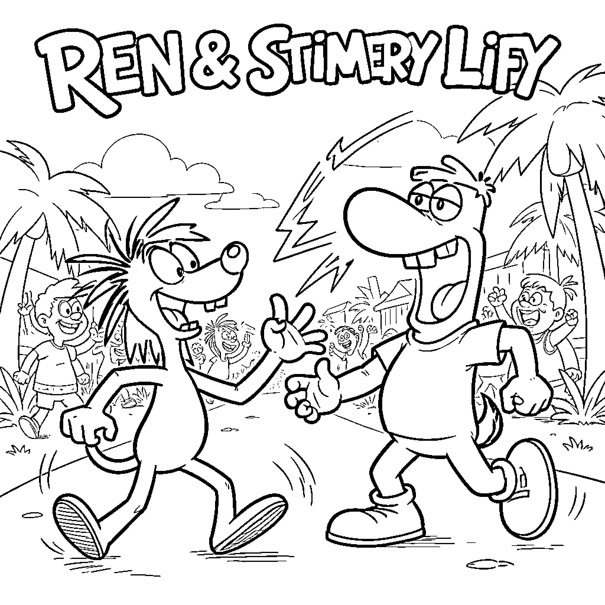 Stimpy and Ren dancing joyfully at a tropical beach Coloring Page (free black-and-white line drawing printable PDF for all, from beginners to advanced learners, including children, teens, adults, and seniors)