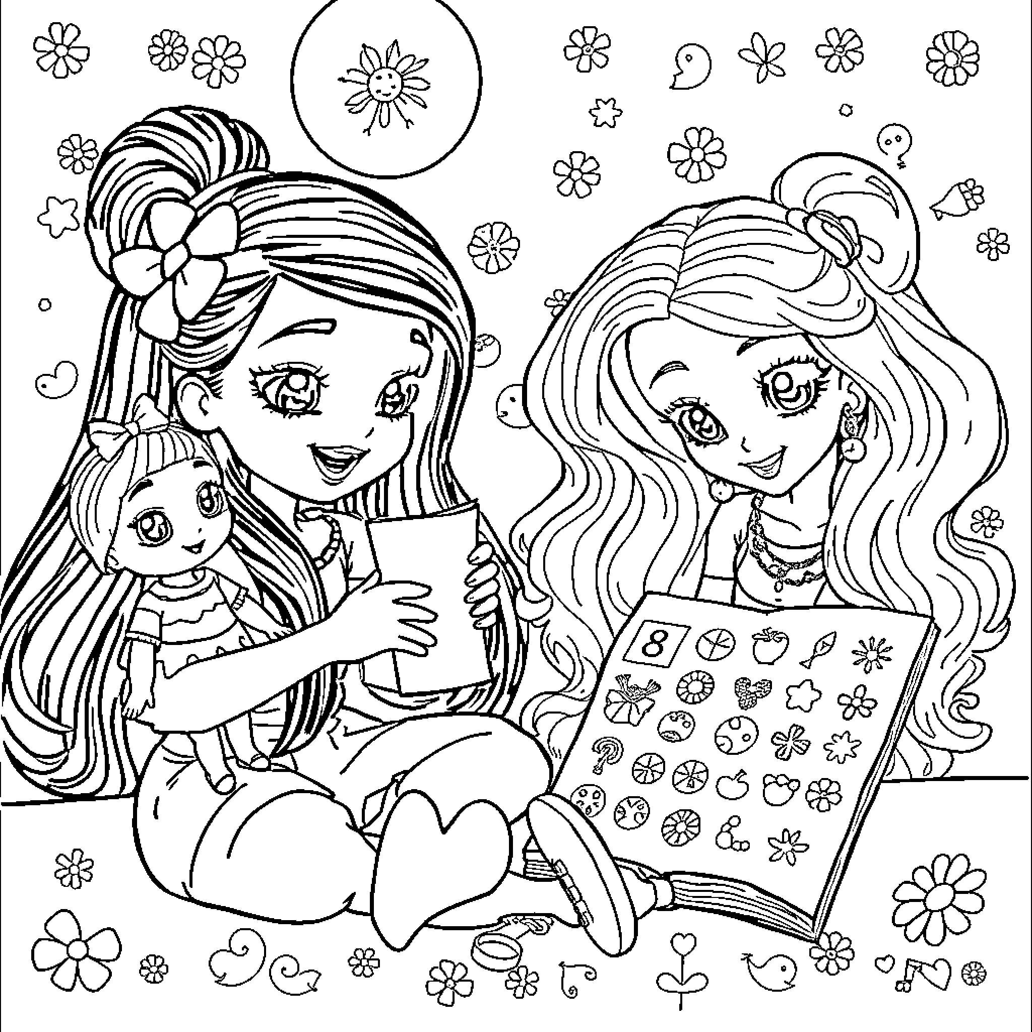 Bluey and her friends having a fun coloring session Coloring Page (free black-and-white line drawing printable PDF for all, from beginners to advanced learners, including children, teens, adults, and seniors)