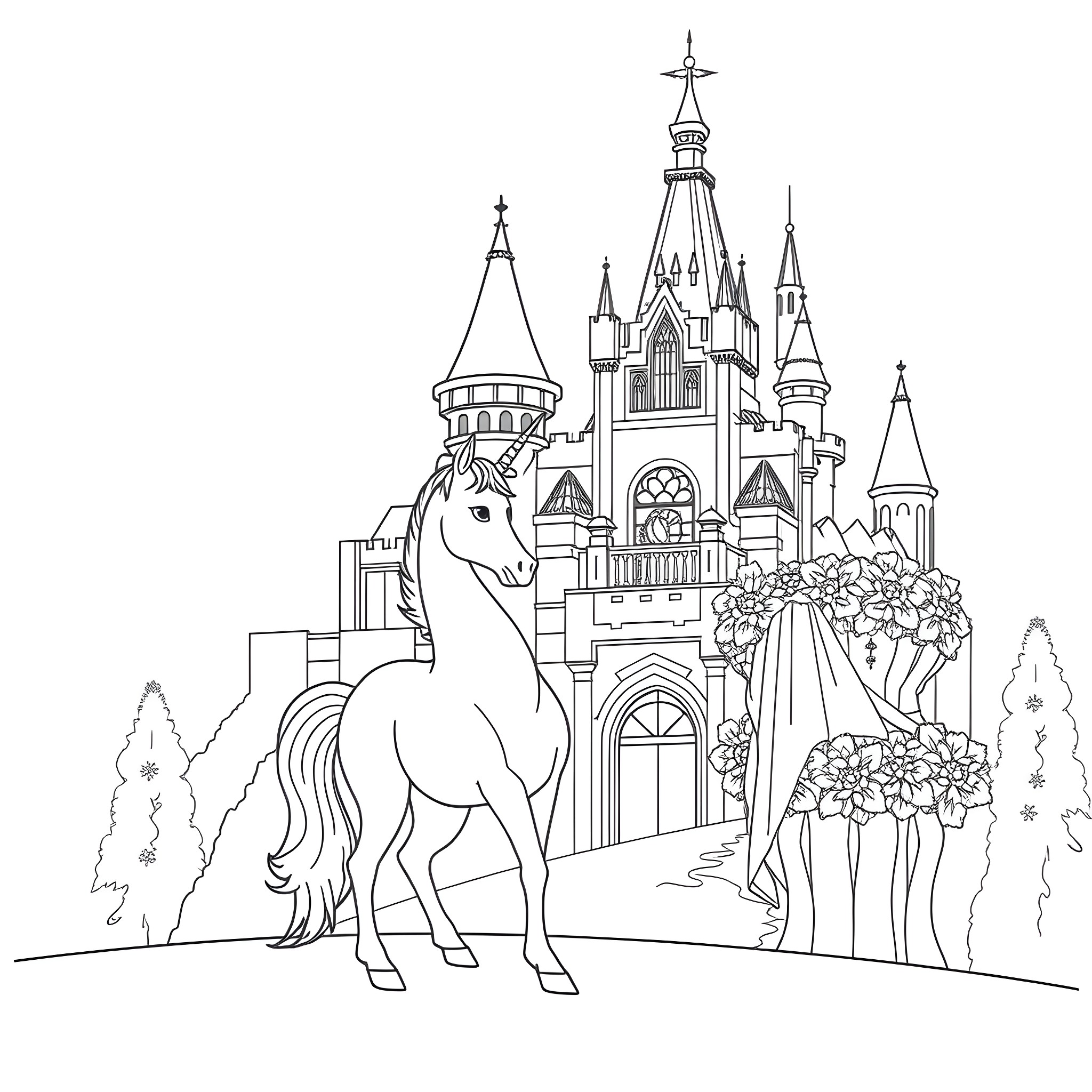 Unicorn in front of magical castle Coloring Page (free black-and-white line drawing printable PDF for all, from beginners to advanced learners, including children, teens, adults, and seniors)