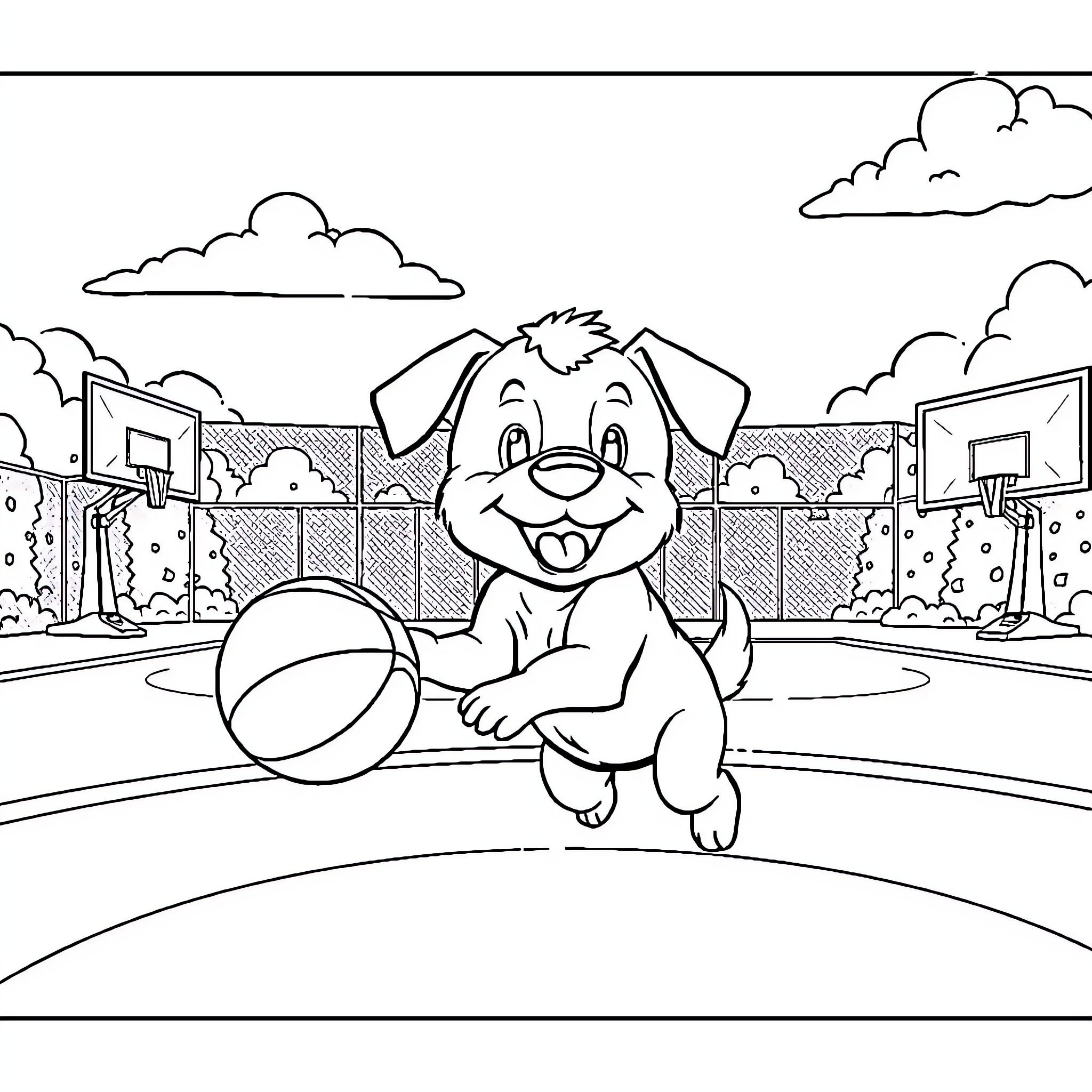 Puppy playing joyfully in outdoor basketball court Coloring Page (free black-and-white line drawing printable PDF for all, from beginners to advanced learners, including children, teens, adults, and seniors)