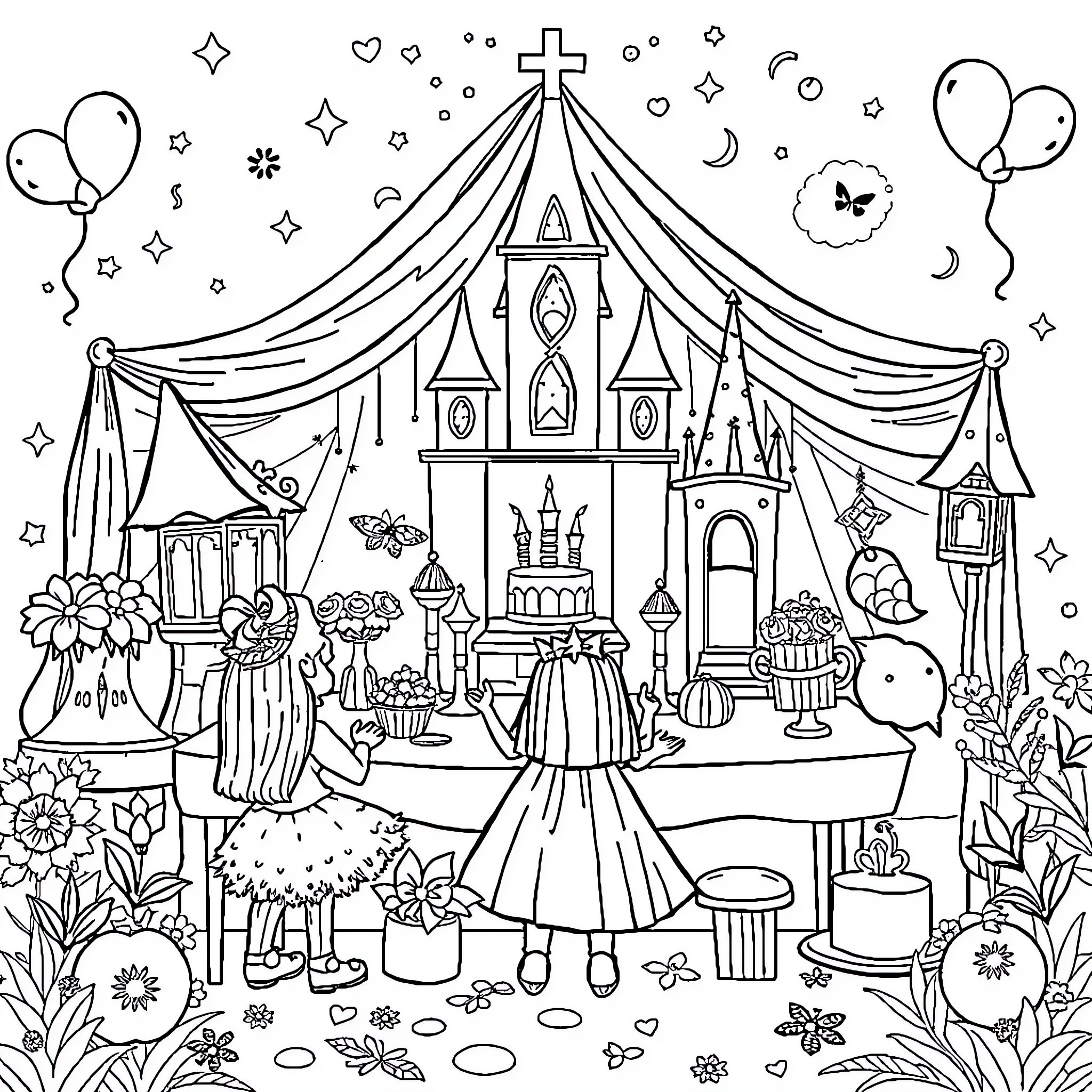 Magic Celebration at the Whimsical Circus Coloring Page (free black-and-white line drawing printable PDF for all, from beginners to advanced learners, including children, teens, adults, and seniors)