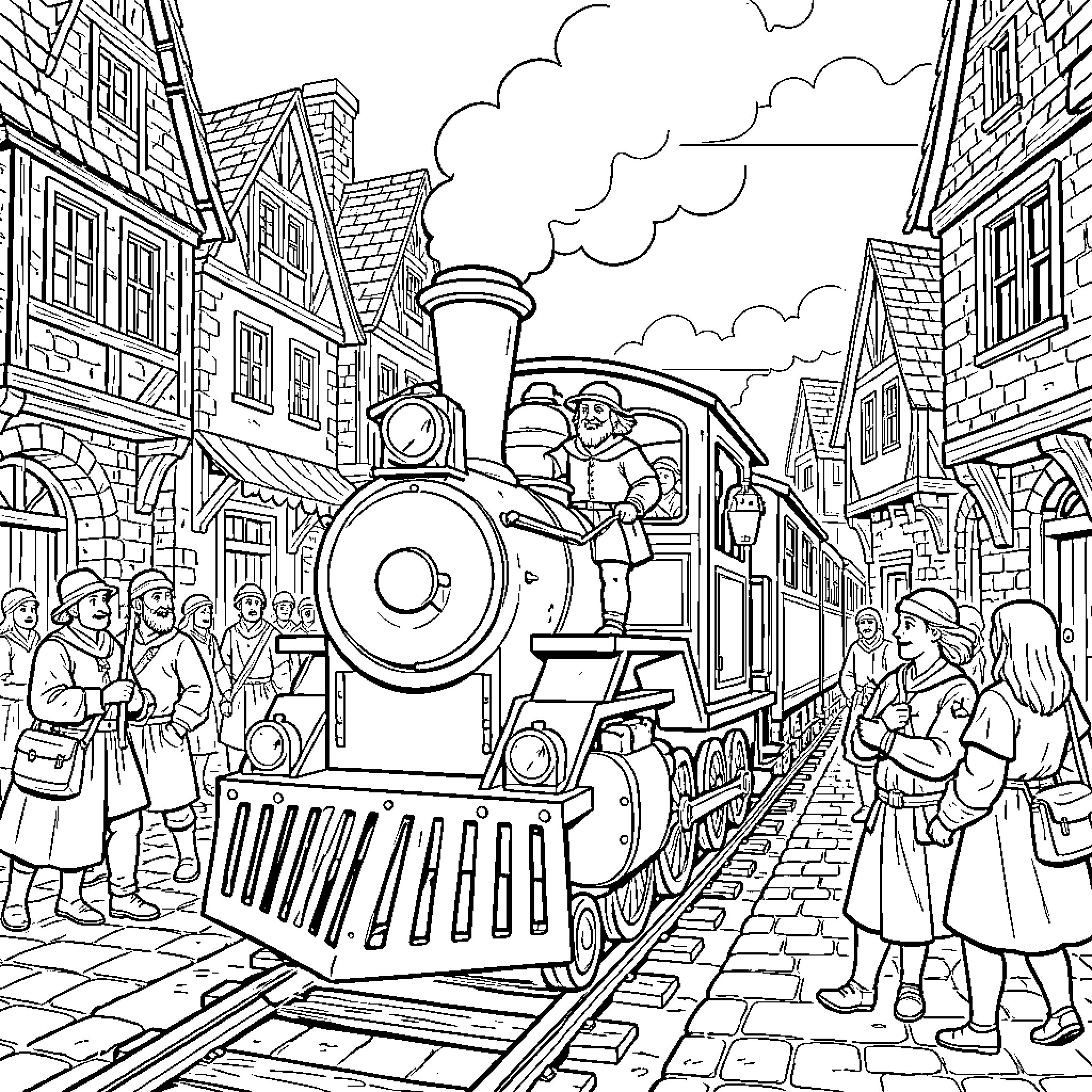 Friar Tuck observing a steam locomotive in a village Coloring Page (free black-and-white line drawing printable PDF for all, from beginners to advanced learners, including children, teens, adults, and seniors)