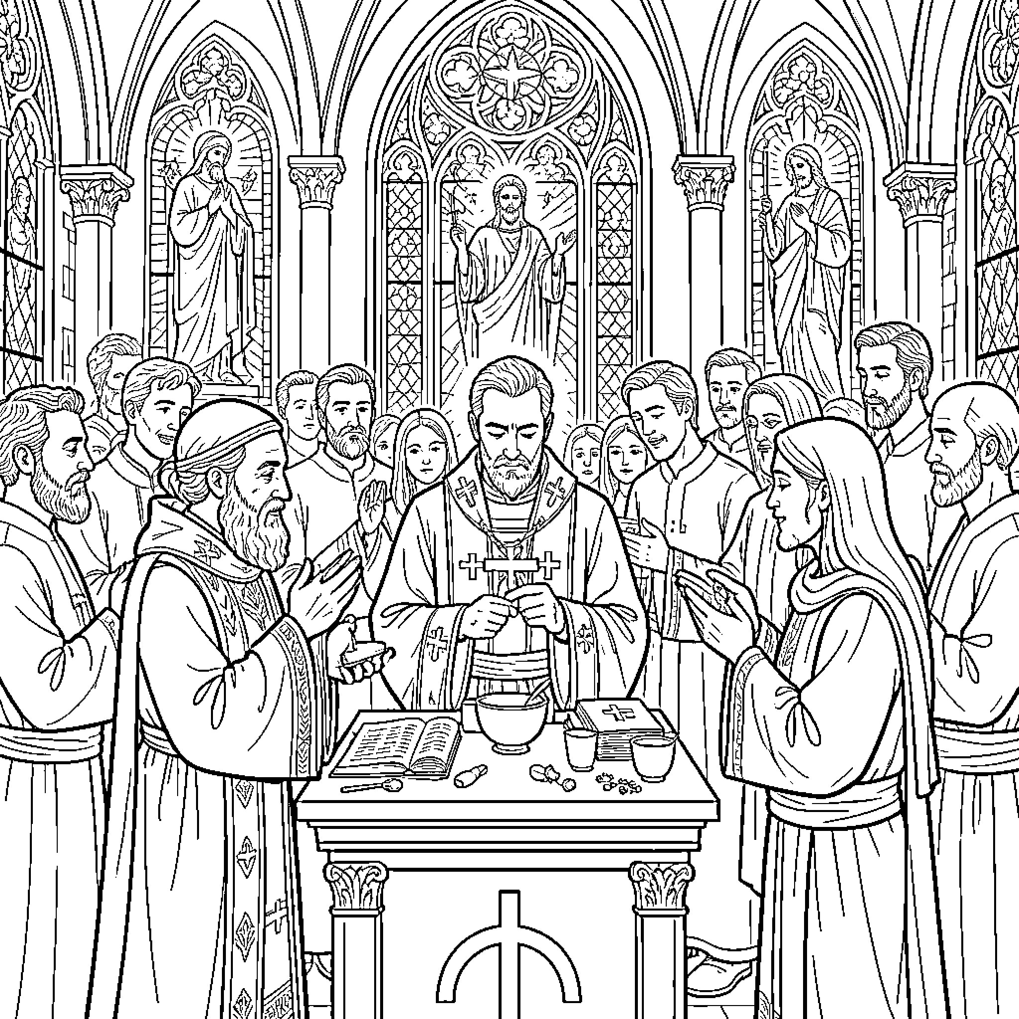 Sacrament being administered by a priest to a congregation Coloring Page (free black-and-white line drawing printable PDF for all, from beginners to advanced learners, including children, teens, adults, and seniors)