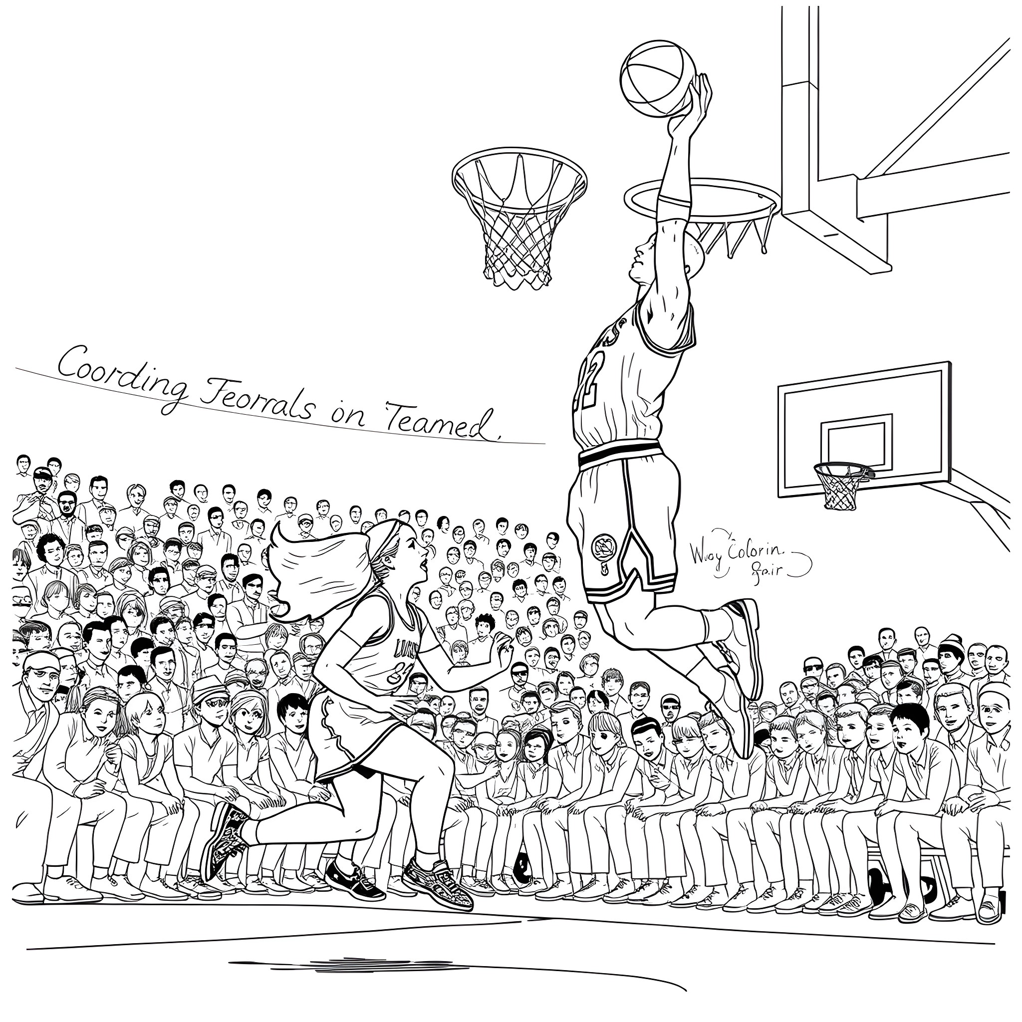 Caitlin Clark Soaring for Teamed Scores on Dunk Coloring Page (free black-and-white line drawing printable PDF for all, from beginners to advanced learners, including children, teens, adults, and seniors)