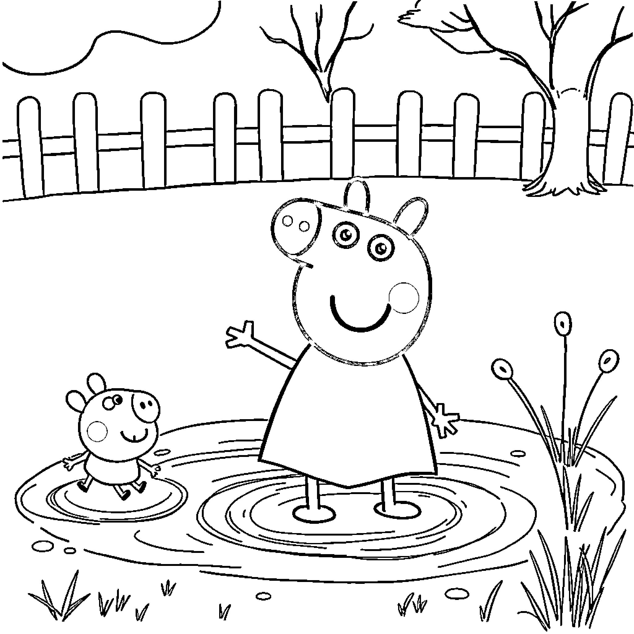 Peppa Pig and friend playing in a pond Coloring Page (free black-and-white line drawing printable PDF for all, from beginners to advanced learners, including children, teens, adults, and seniors)