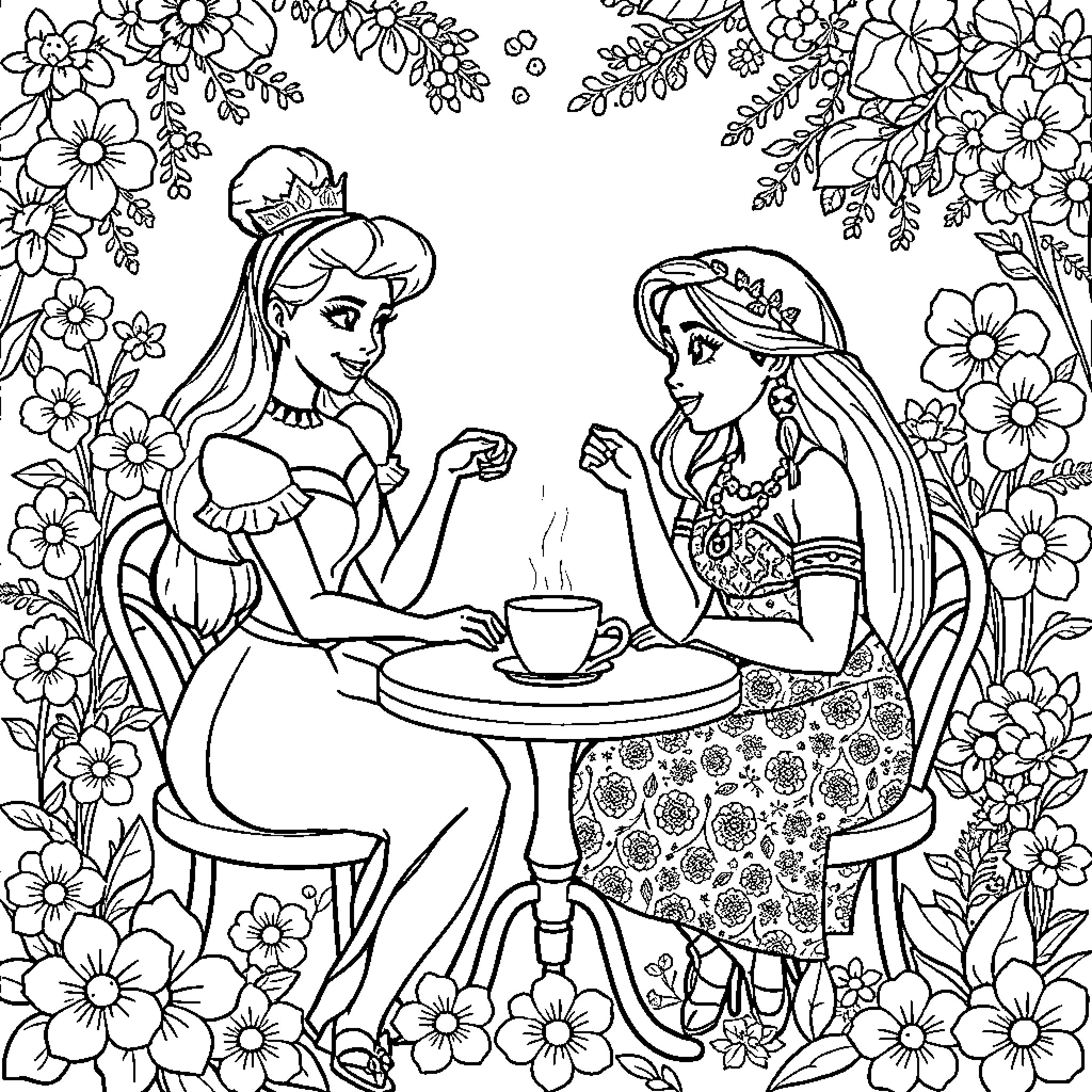 Cinderella enjoying tea time with friend in floral garden Coloring Page (free black-and-white line drawing printable PDF for all, from beginners to advanced learners, including children, teens, adults, and seniors)