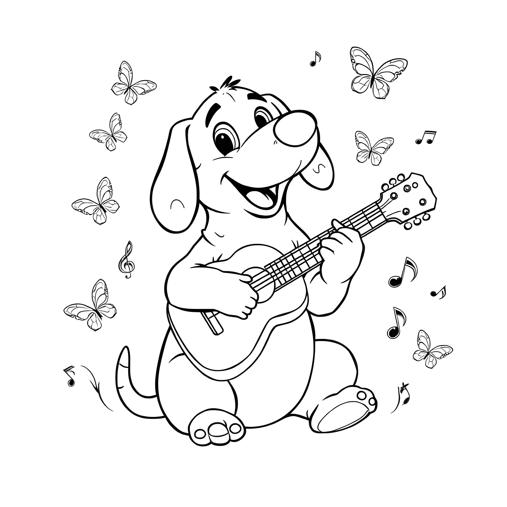 Sausage Dog playing guitar with butterflies Coloring Page (free black-and-white line drawing printable PDF for all, from beginners to advanced learners, including children, teens, adults, and seniors)