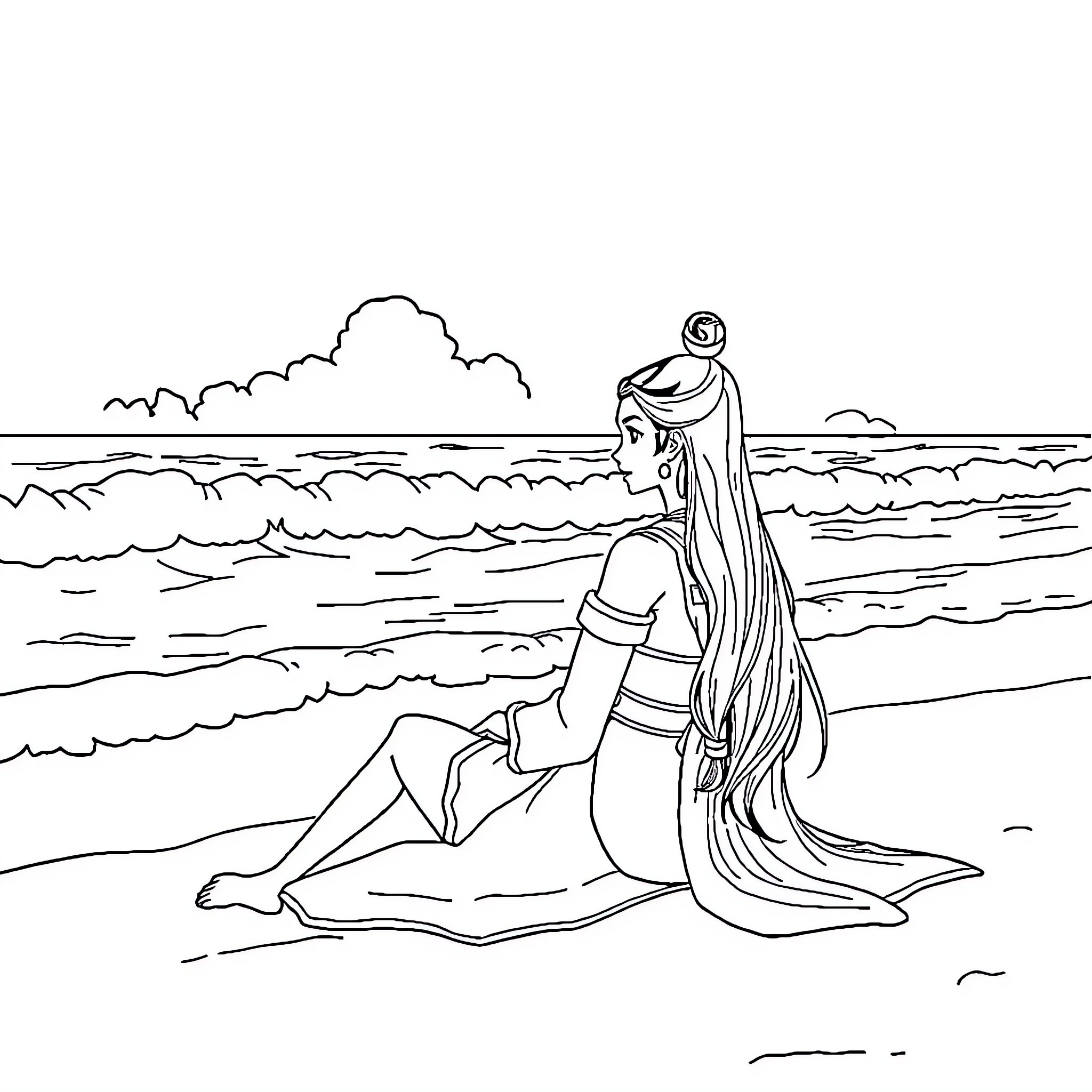 Azula gazing at the waves on the beach Coloring Page (free black-and-white line drawing printable PDF for all, from beginners to advanced learners, including children, teens, adults, and seniors)