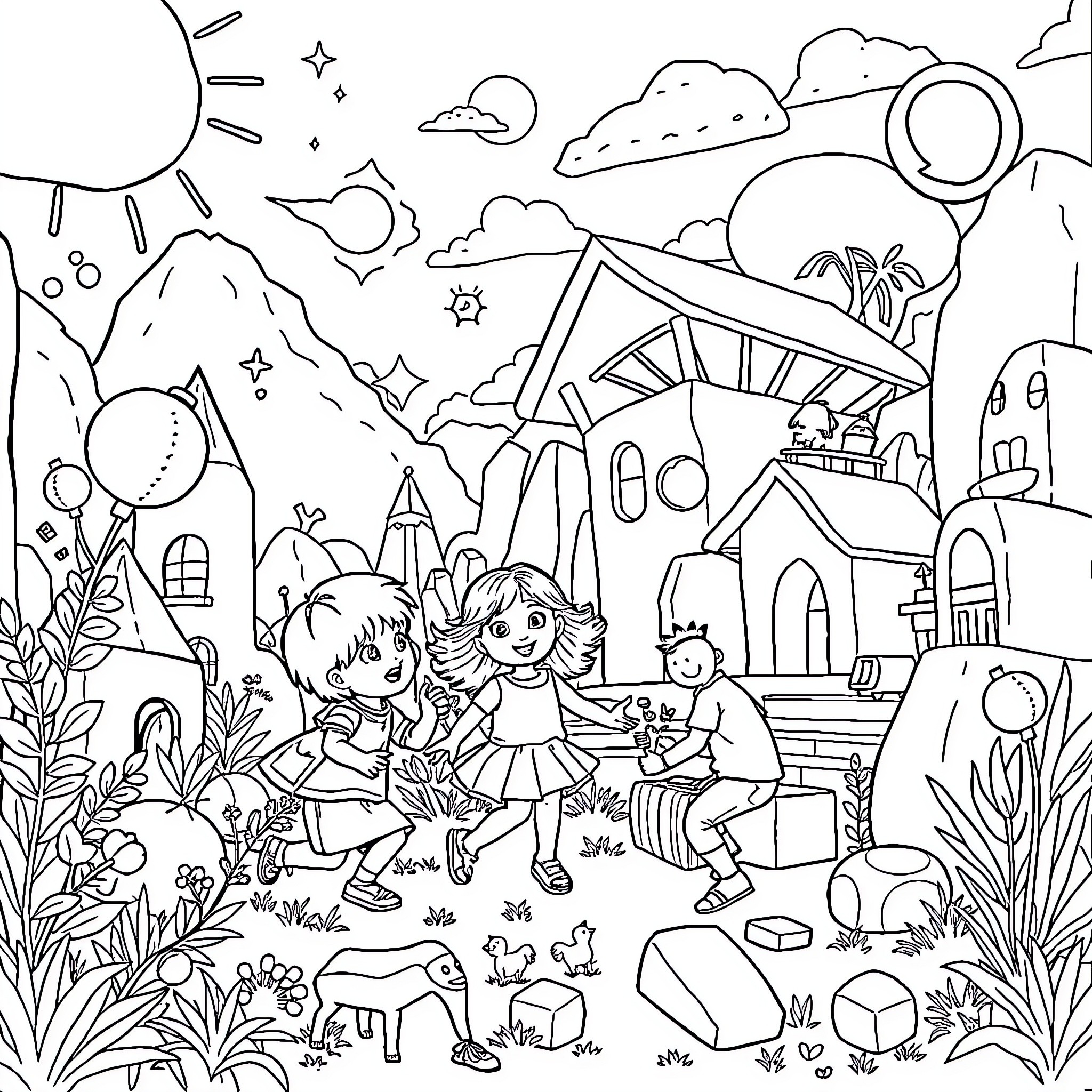 Child exploring the vibrant landscape with friends Coloring Page (free black-and-white line drawing printable PDF for all, from beginners to advanced learners, including children, teens, adults, and seniors)