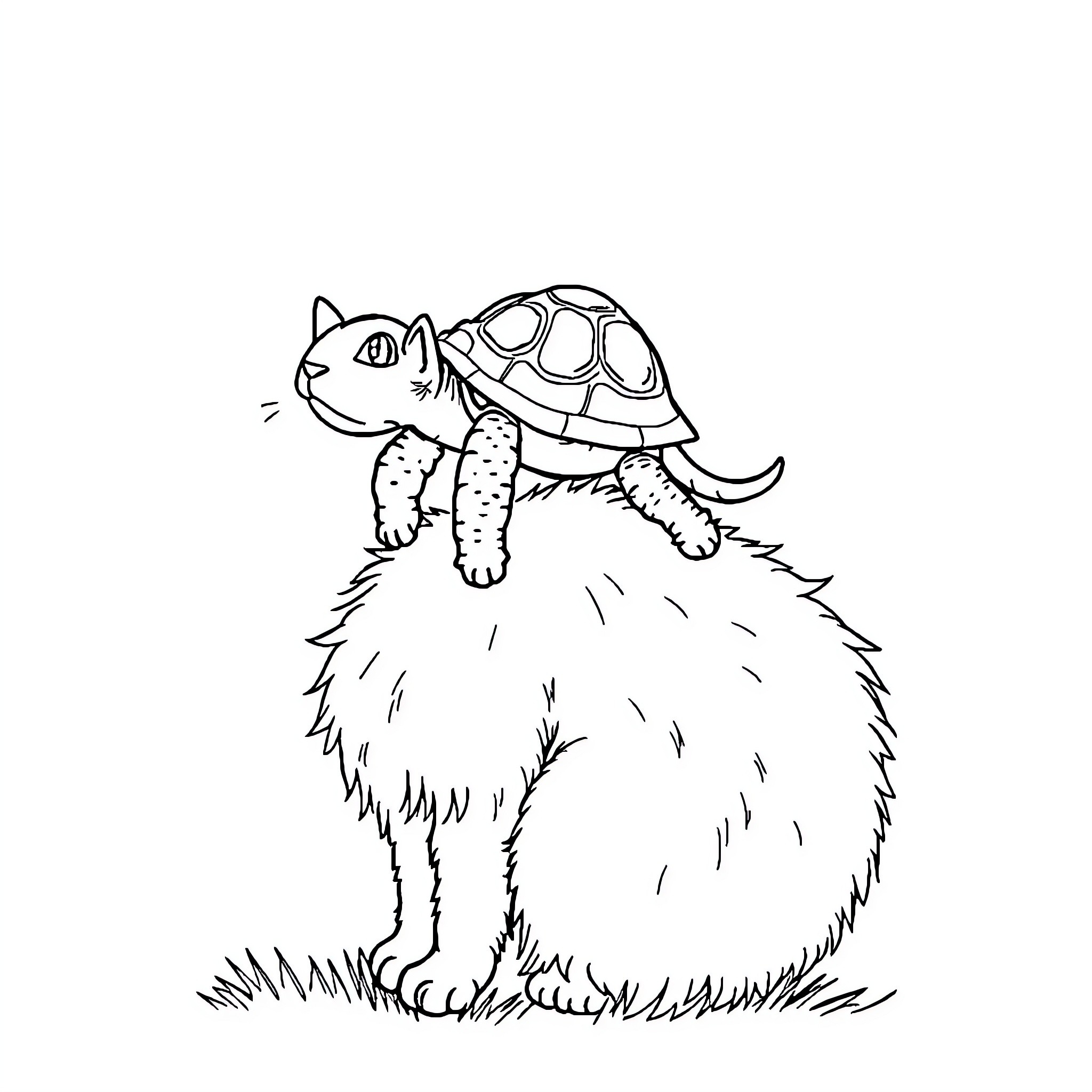 Turtle riding furry creature in the wild Coloring Page (free black-and-white line drawing printable PDF for all, from beginners to advanced learners, including children, teens, adults, and seniors)