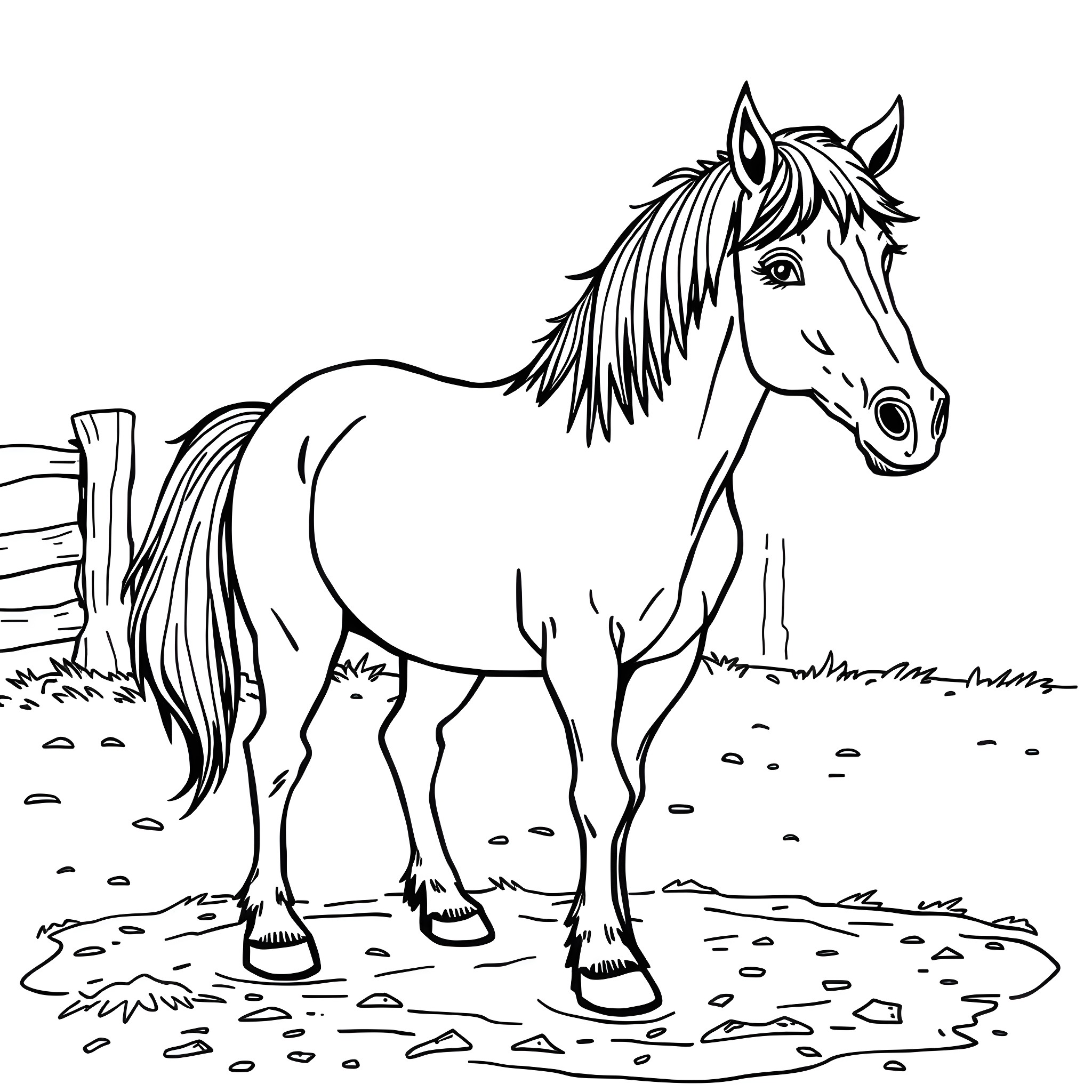 Horse standing in a field Coloring Page (free black-and-white line drawing printable PDF for all, from beginners to advanced learners, including children, teens, adults, and seniors)