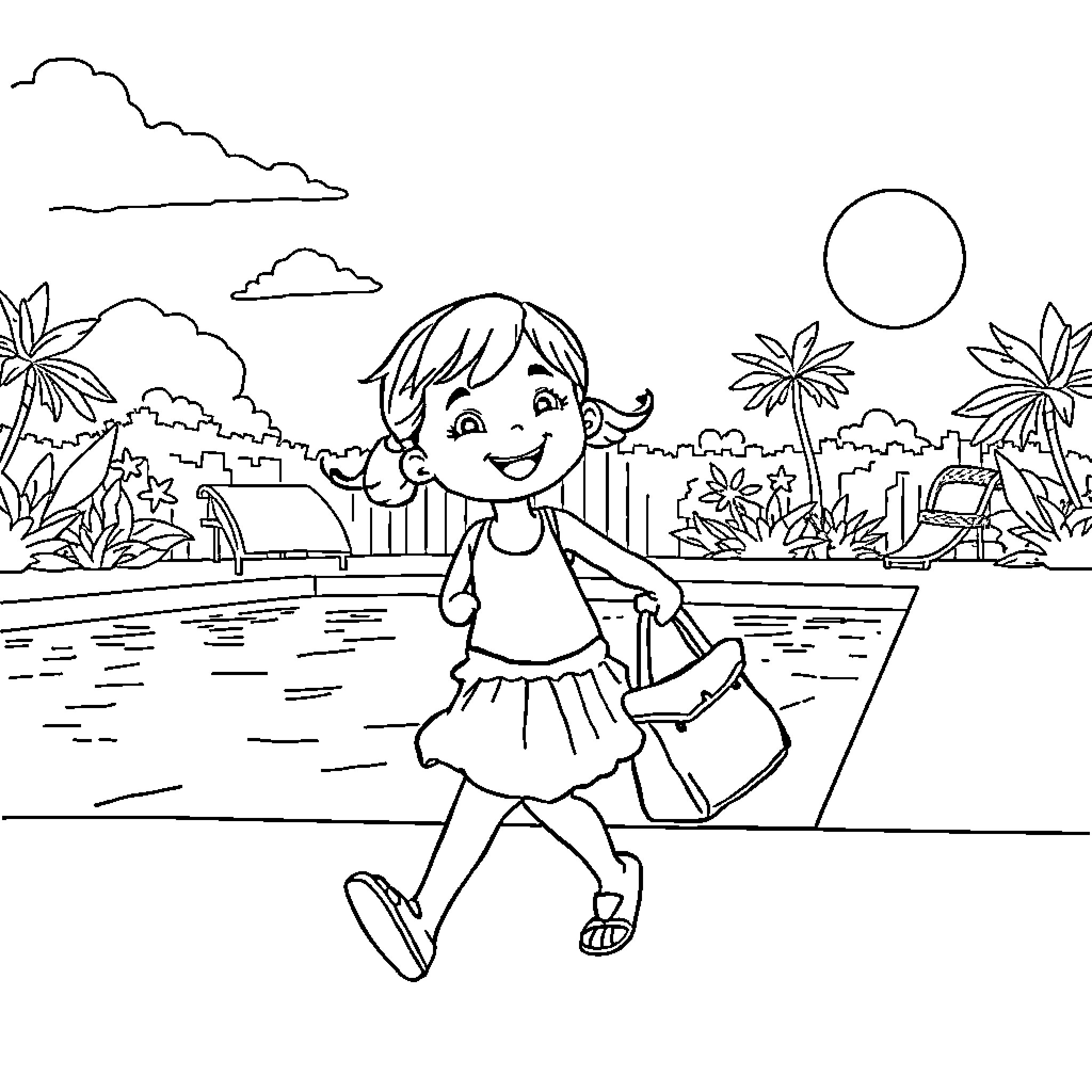 Fille walking on the beach with a bag Coloring Page (free black-and-white line drawing printable PDF for all, from beginners to advanced learners, including children, teens, adults, and seniors)