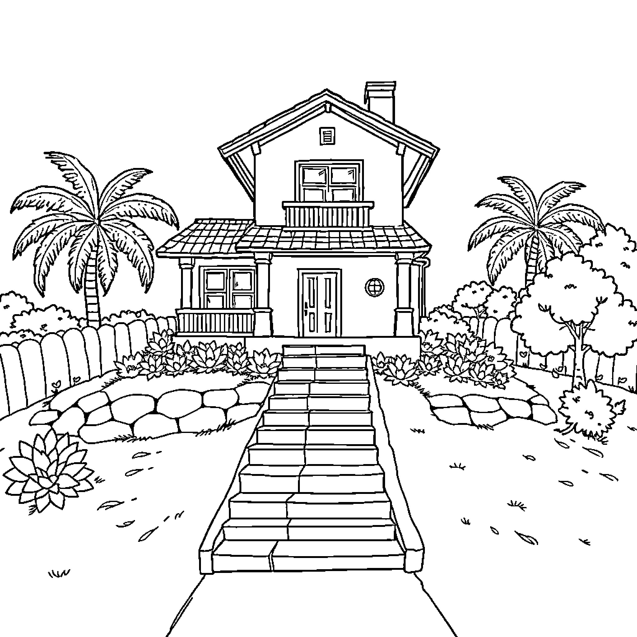 House with tropical landscape and steps Coloring Page (free black-and-white line drawing printable PDF for all, from beginners to advanced learners, including children, teens, adults, and seniors)